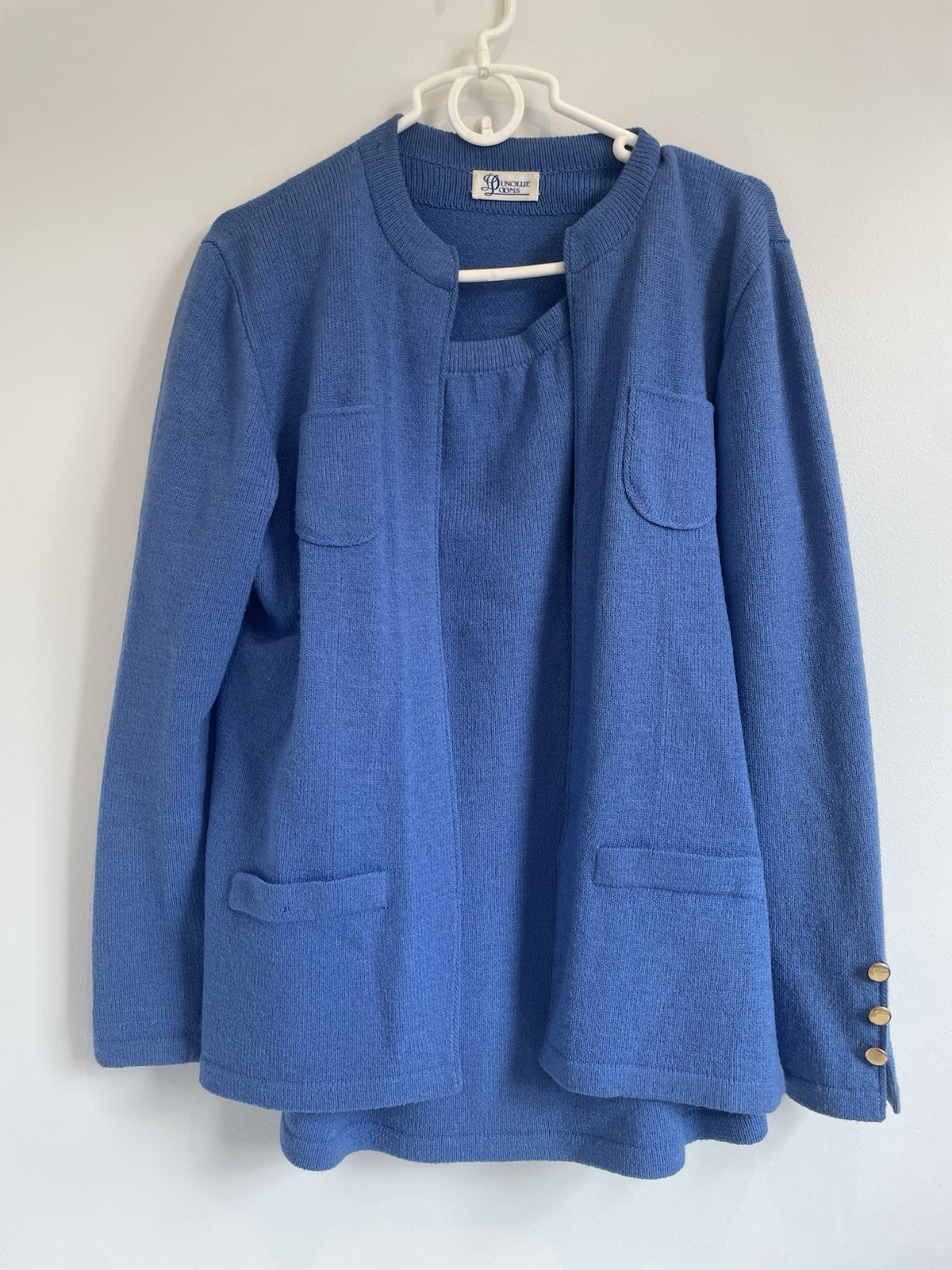 Vintage 1980s Dunollie Looms Knit Sweater Skirt Set Blue Size 12 Classic