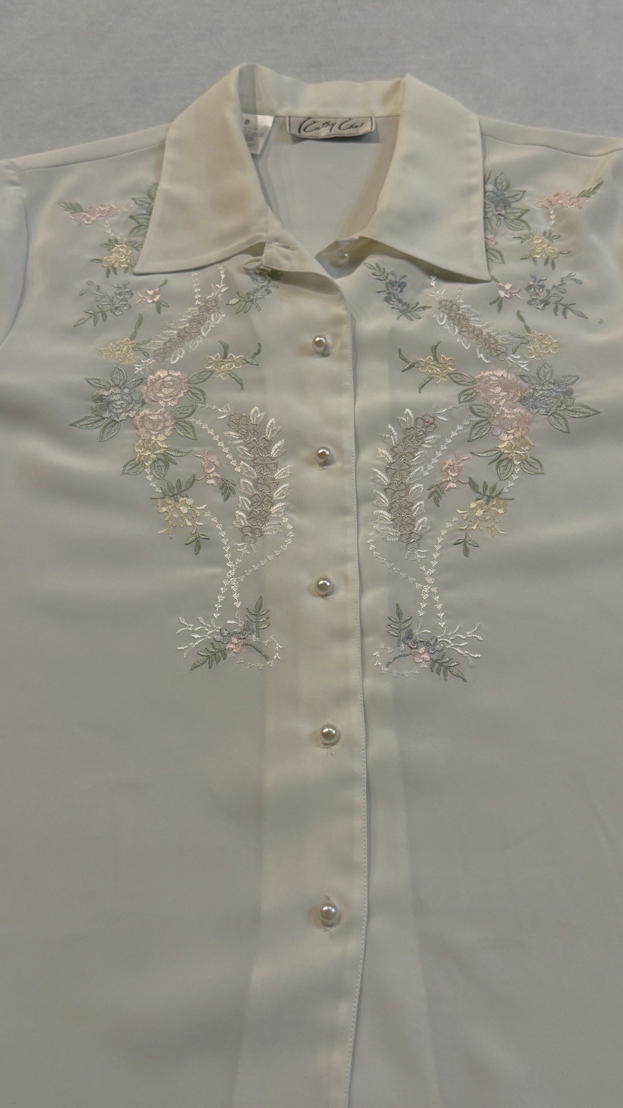 Vintage Embroidered Floral Button Front Blouse White Size 8 Cottagecore Romantic