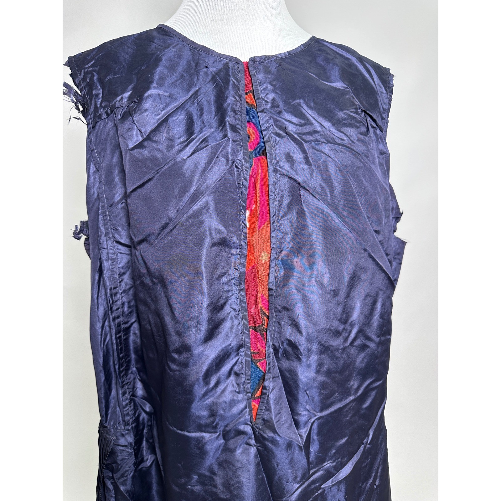 Antique 1920s 30s Navy Blue Silk Dress Pleated Study Scraps Pattern XL 46 Bust