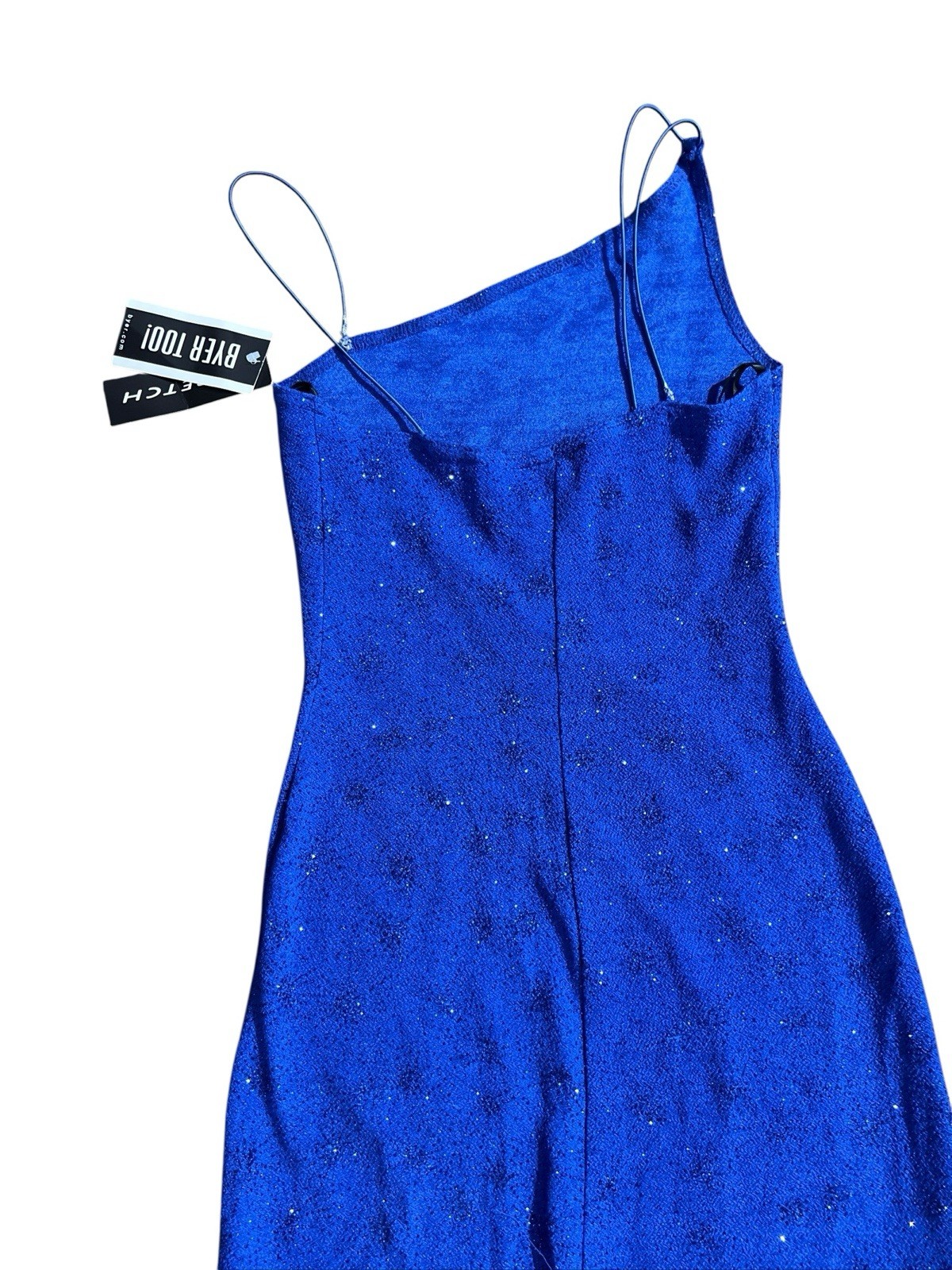 Vtg 1990s Royal Blue Sparkly Slinky Strapless Dress Sz S Byer Too! NWT Defects