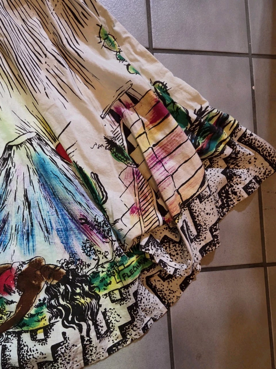 Vintage 50s Azteca De Mexico Hand Painted Circle Skirt Sz XS/S Pocket Stain