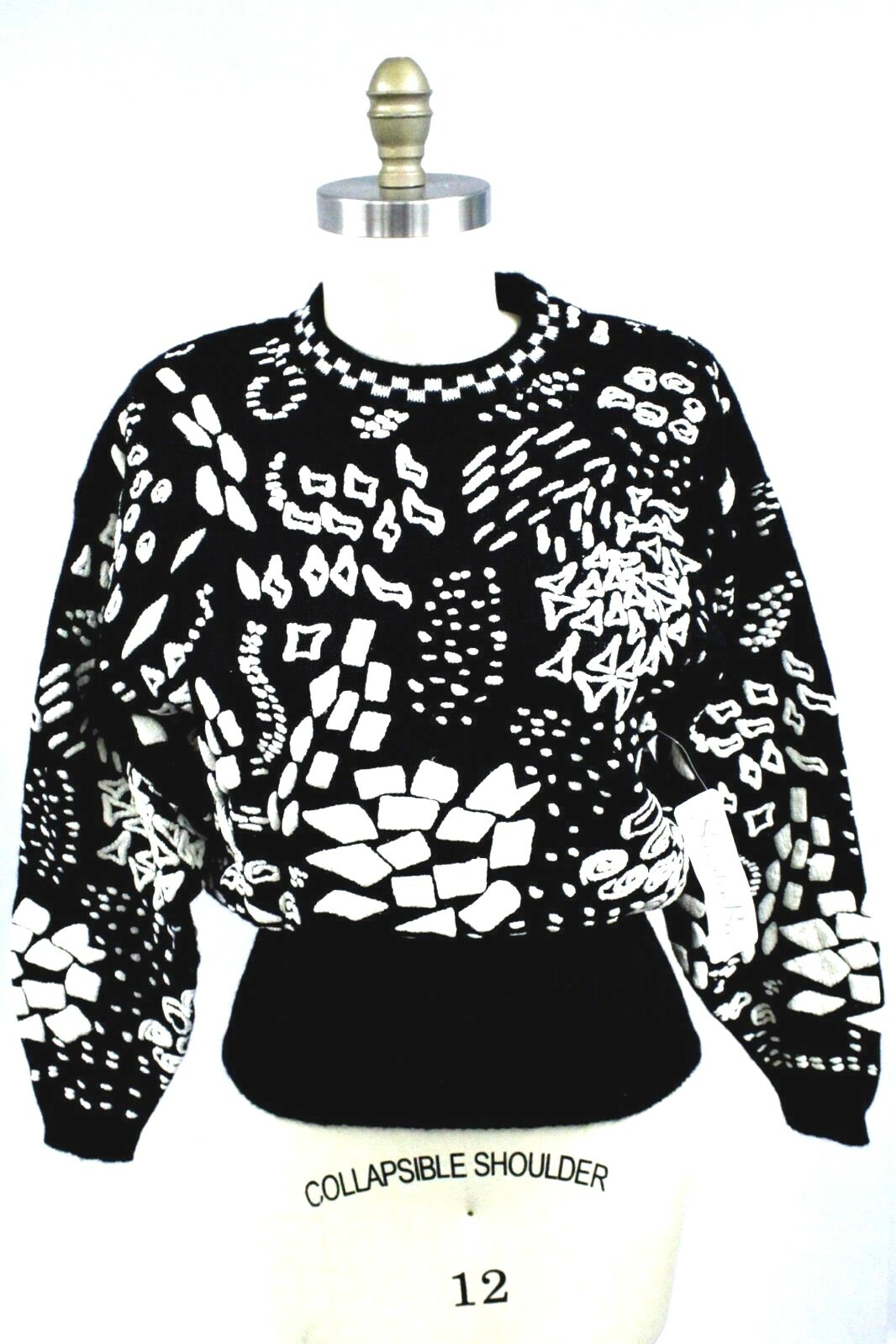 Vtg 80s Sweater Bee Banff Black White Flocked Pullover Wide Waistband L NWT