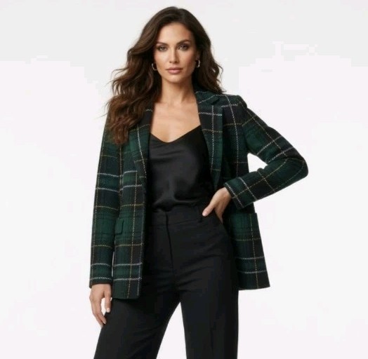 Ann Taylor Green and Black Knitted Blazer Medium Tartan Plaid (Size:Med)