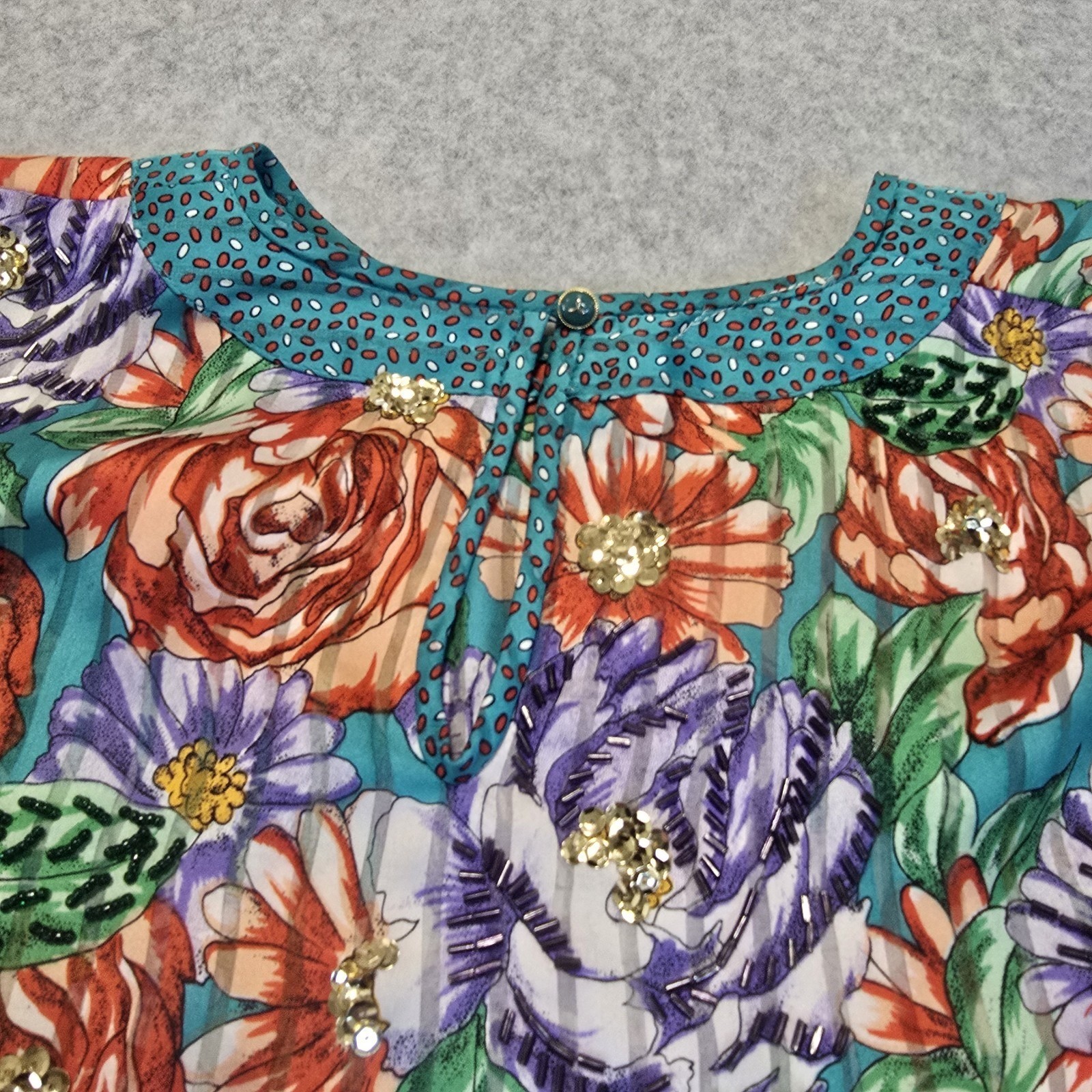 Vintage Floral Sequin Blouse Womens L Multicolor Pleated 80s Balloon Sleeve