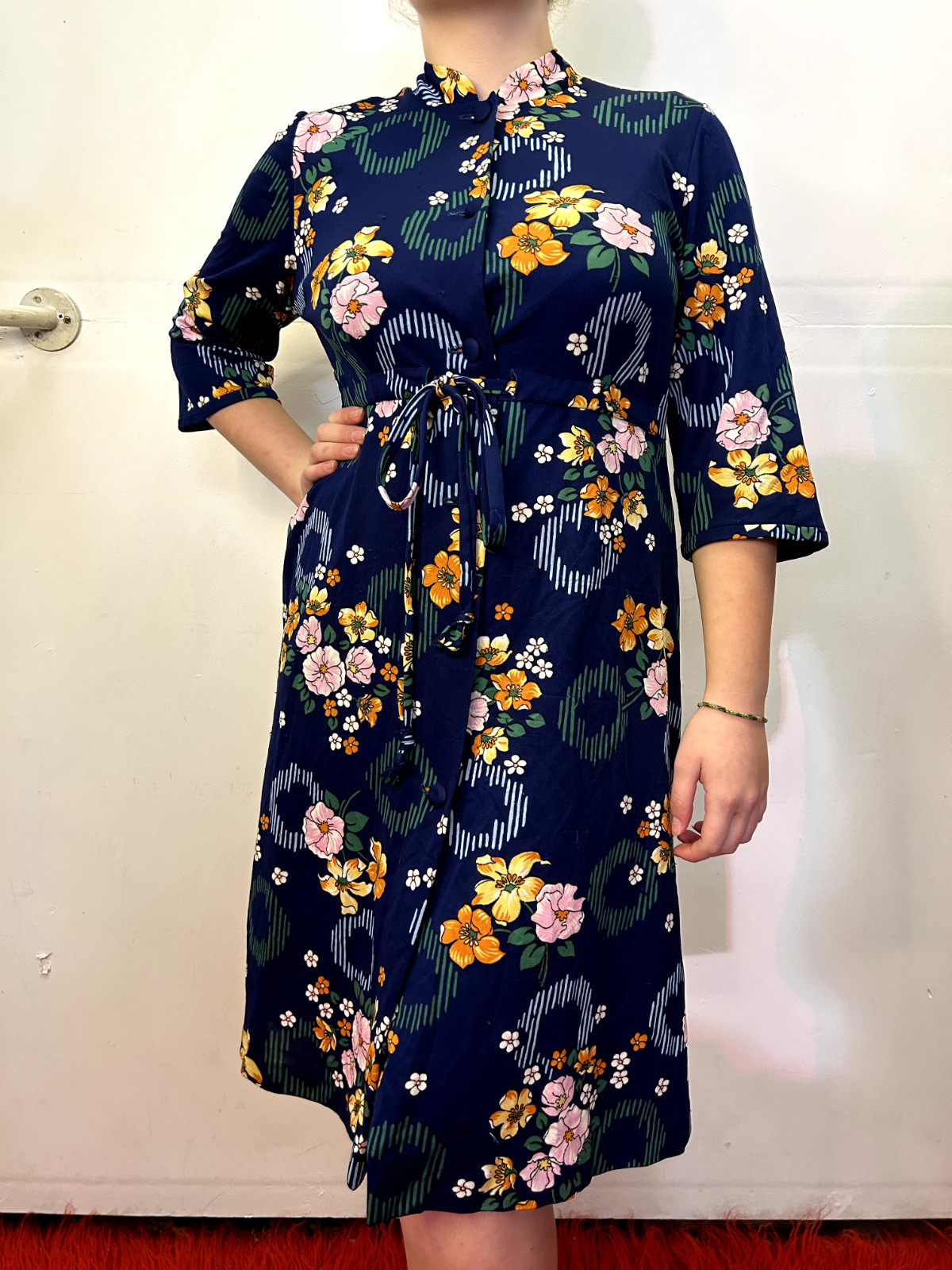 Vintage 1980s Stand Collar Shirt Waist Dress Blue Floral Polyester Buttons AU 14