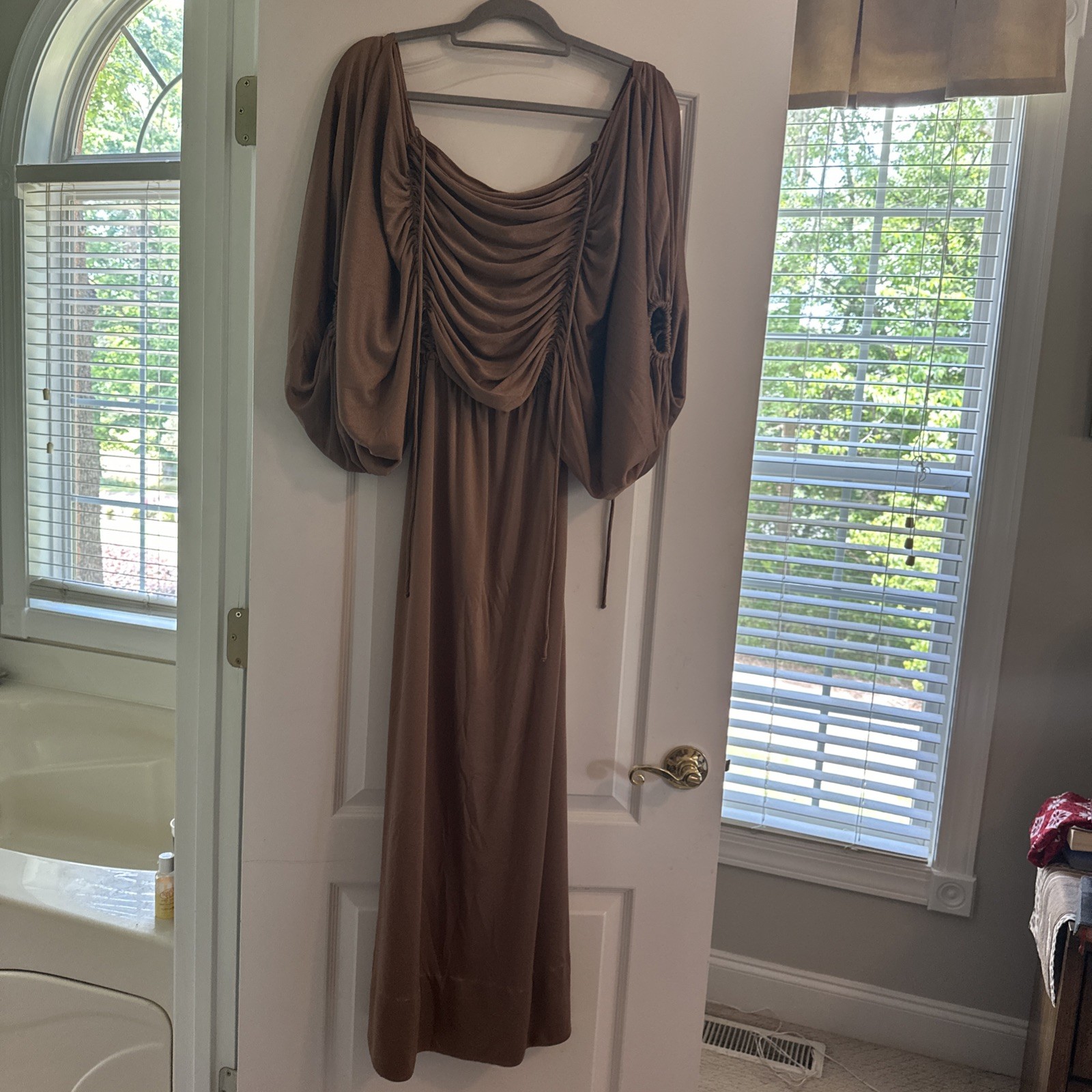 VTG DRAPED METALLIC DOT RAYON LONG DRESS W MASSIVE PUFF SLEEVES JOY STEVENS CAL
