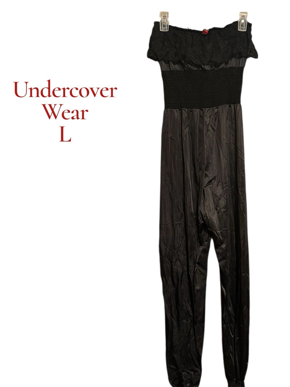 Vintage 70s Undercover Wear Jumpsuit Romper Women L Black Nylon Strapless