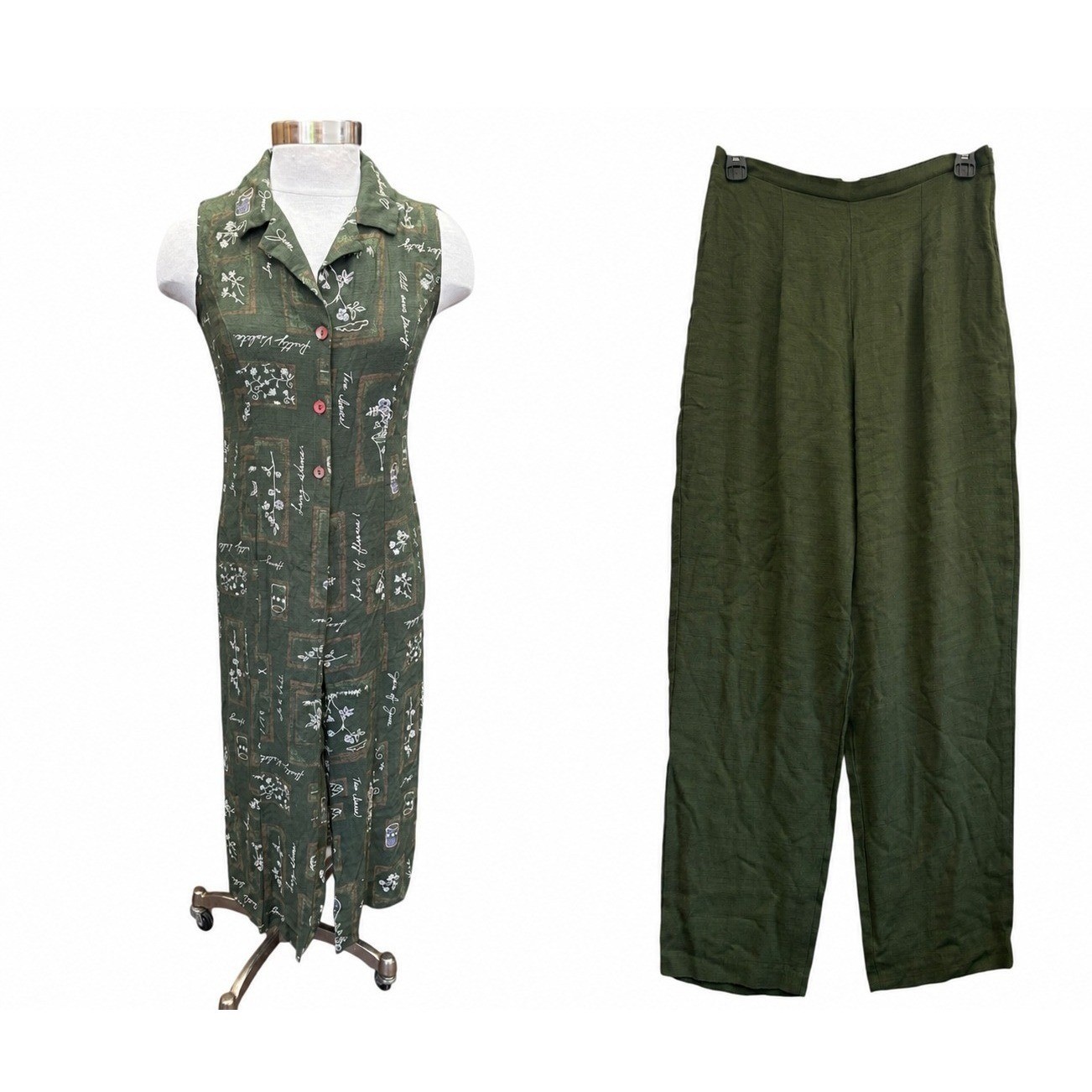 Vintage Olive Green Linen Blend Two Piece Dress Pants Set Cottagecore Chic 10