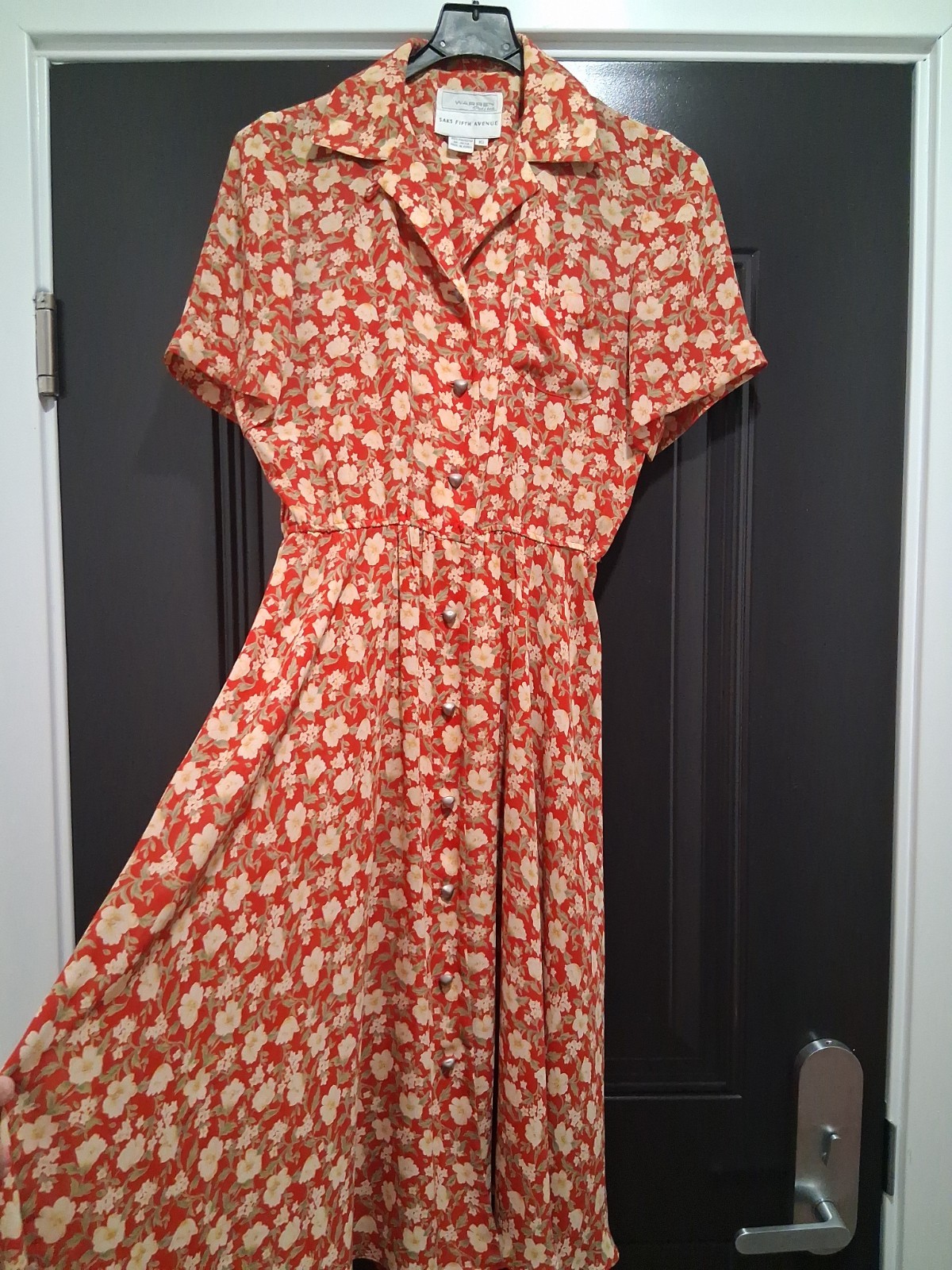Vtg Warren Saks Fifth Ave Long Dress 10 Floral Buttons Relaxed A-line Short Sl.