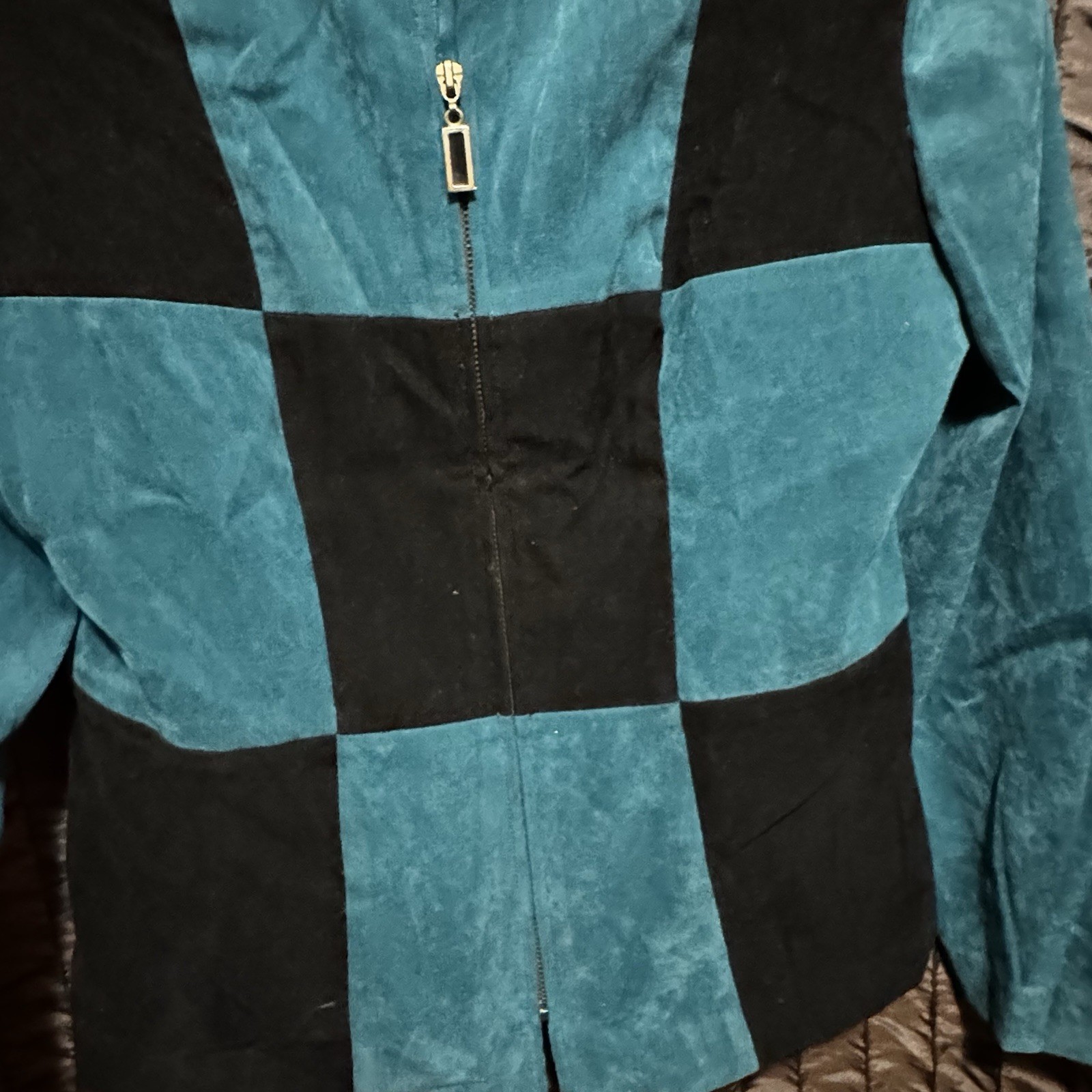 Jessica Howard Teal Black Block Pattern Zip Jacket Women’s Size 12 Vintage 90s
