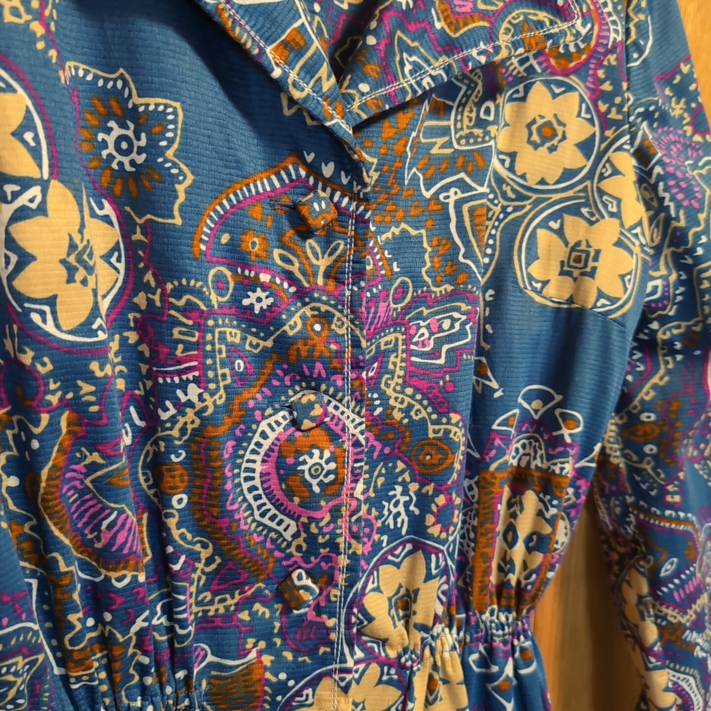 Vintage 1970s McMullen Shirtwaist Dress Blue Paisley Pattern Designer Big Collar