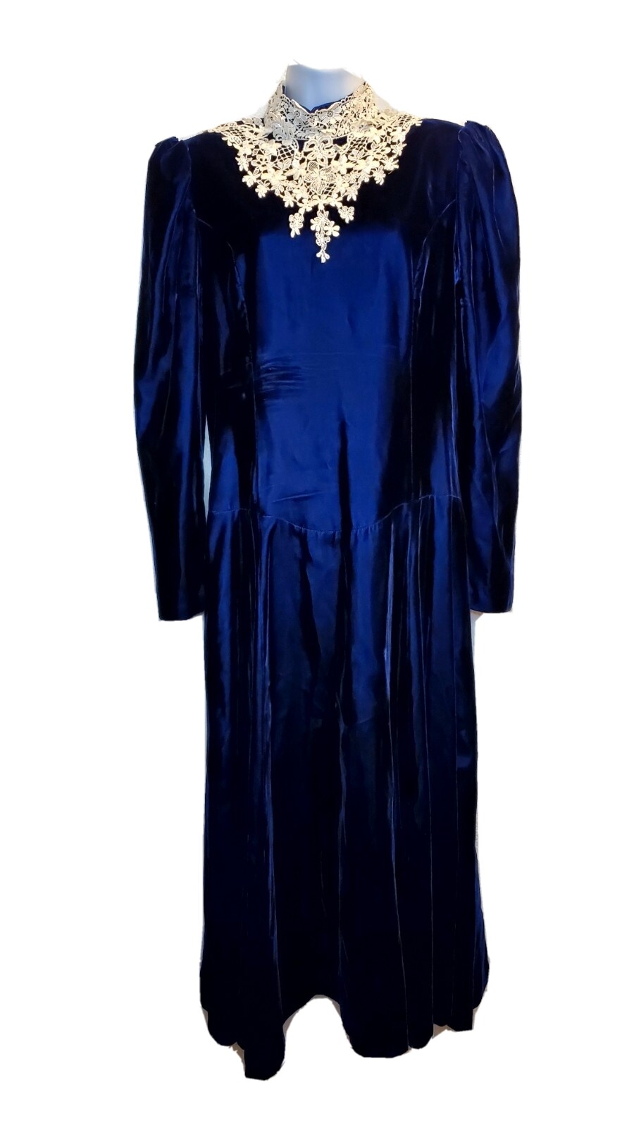 Vintage Scott Mcclintock Velvet Dress Royal Blue Mock Neck White Lace Size 10