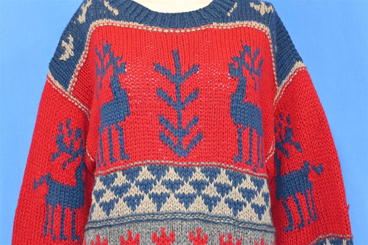 vintage 80s CARROLL REED REINDEER SNOWFLAKE RED BLUE WOOL SWEATER WOMEN’S M