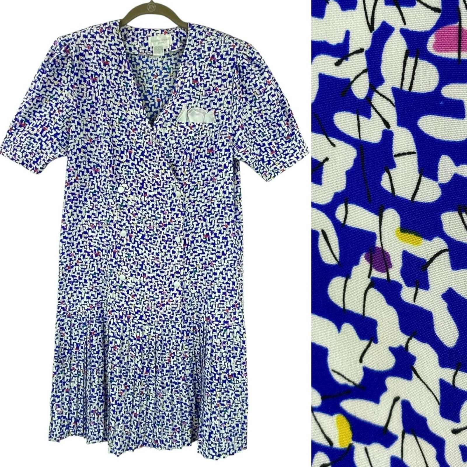 Vintage Short Sleeve Drop Waist Midi Dress Size 12 Blue White 80’s