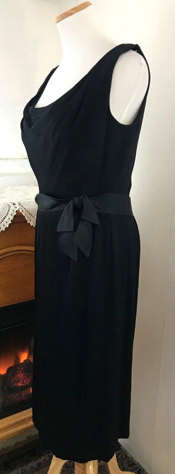 Vintage Ceil Chapman For Miss Winston Black Silk Cocktail Dress W/Satin Bow ~ M