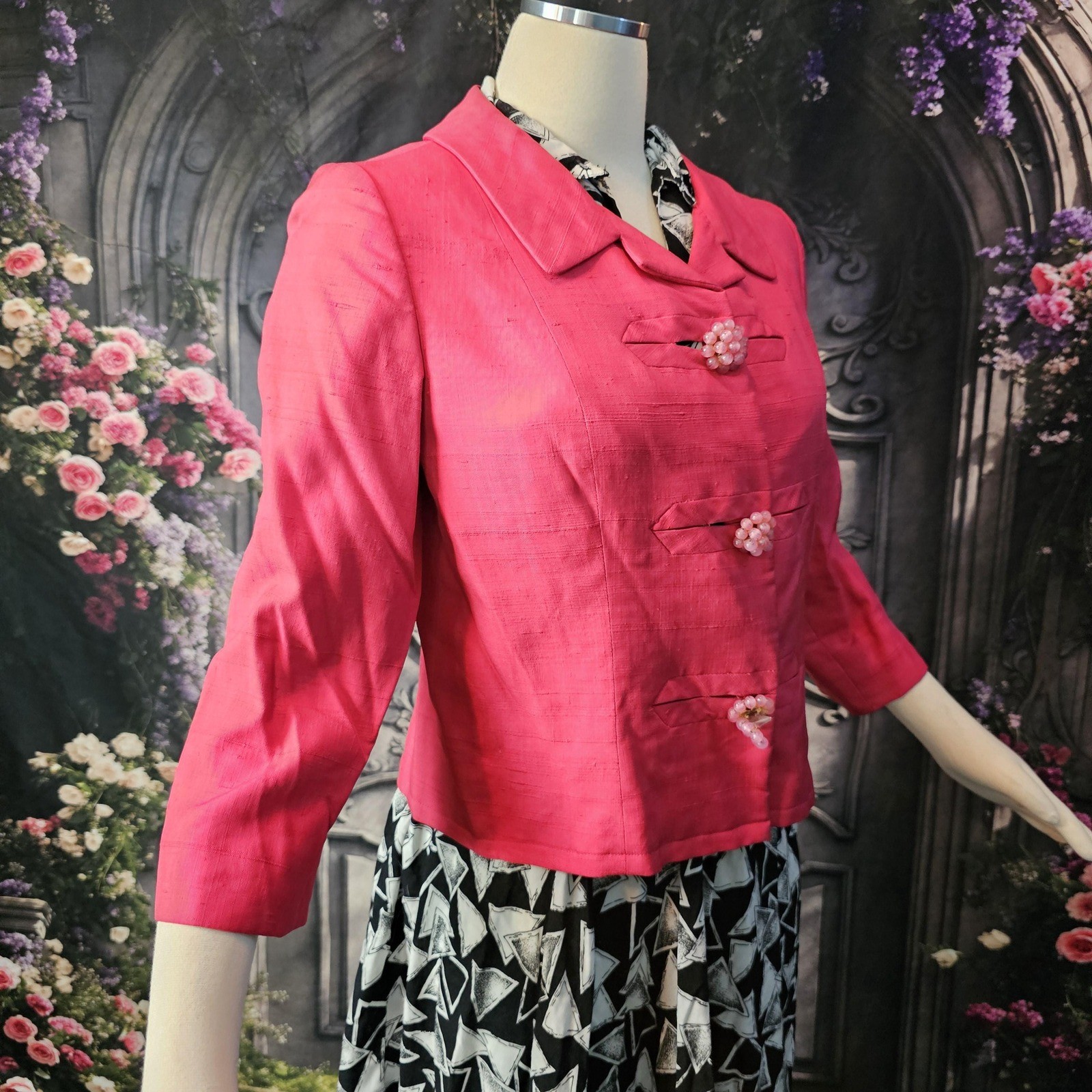Vintage 1960’s Jacket Bright Pink Half Sleeve Beaded Buttons Blazer Barbie