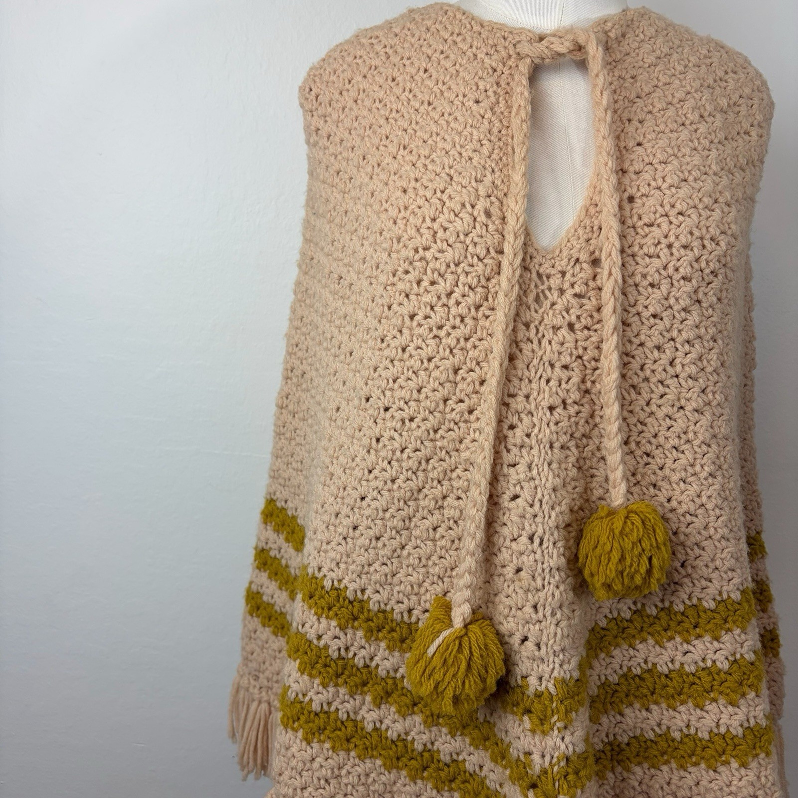 60’s 70’s Knit Crotchet Poncho Yellow Cream Fringe Boho Homemade Handmade