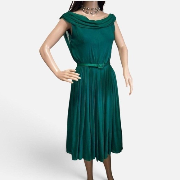 Vintage 50s Emerald Green Chiffon Party Dress XS 2 / 4