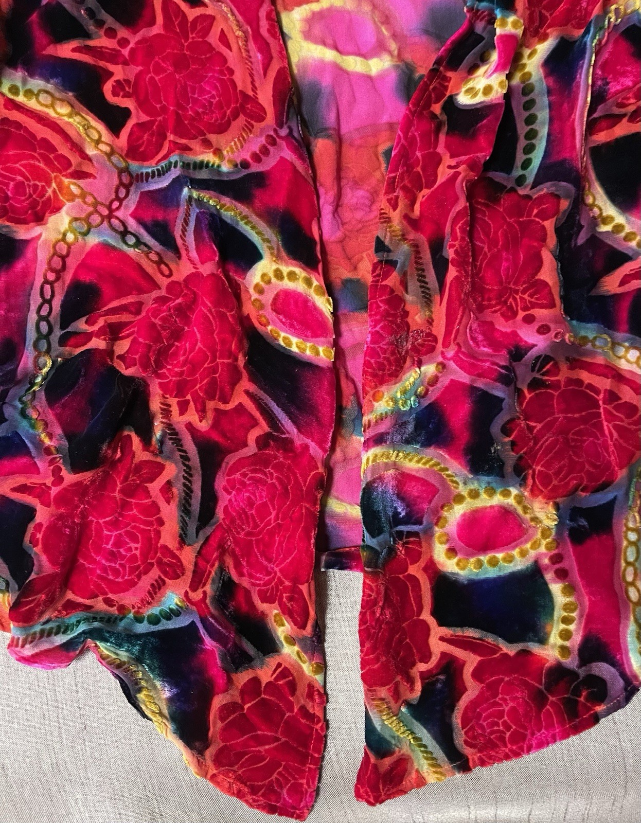 Vintage ALIKI YAMANI CREATIONS, XL, Silk Rayon Cardigan, Burn Out Velvet, EUC