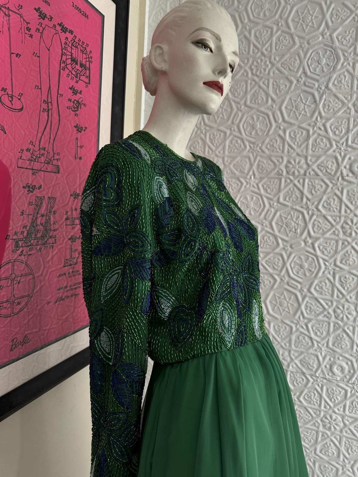 1980s Green Beaded Chiffon Cocktail Dress-Floral-Foliage-Glam-Hollywood-S/M
