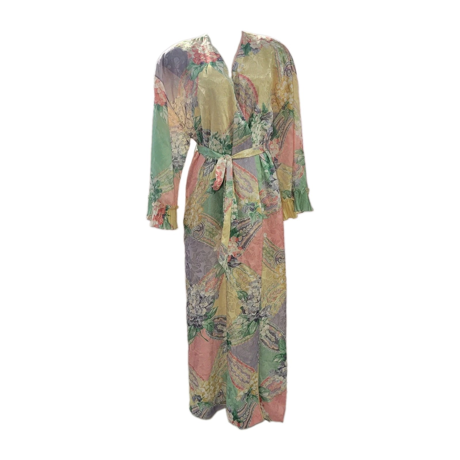 Vintage Mary McFadden Satin Ruffle Robe For Neiman Marcus Pastel Paisley Floral