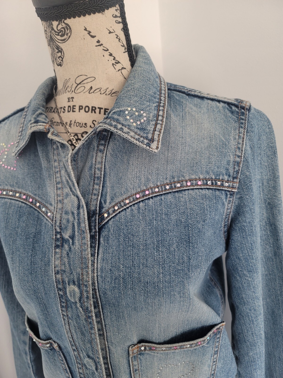 Vintage Y2K Upcycled Redone Custom Bling Gothic Cross Western Jean Jacket Medium