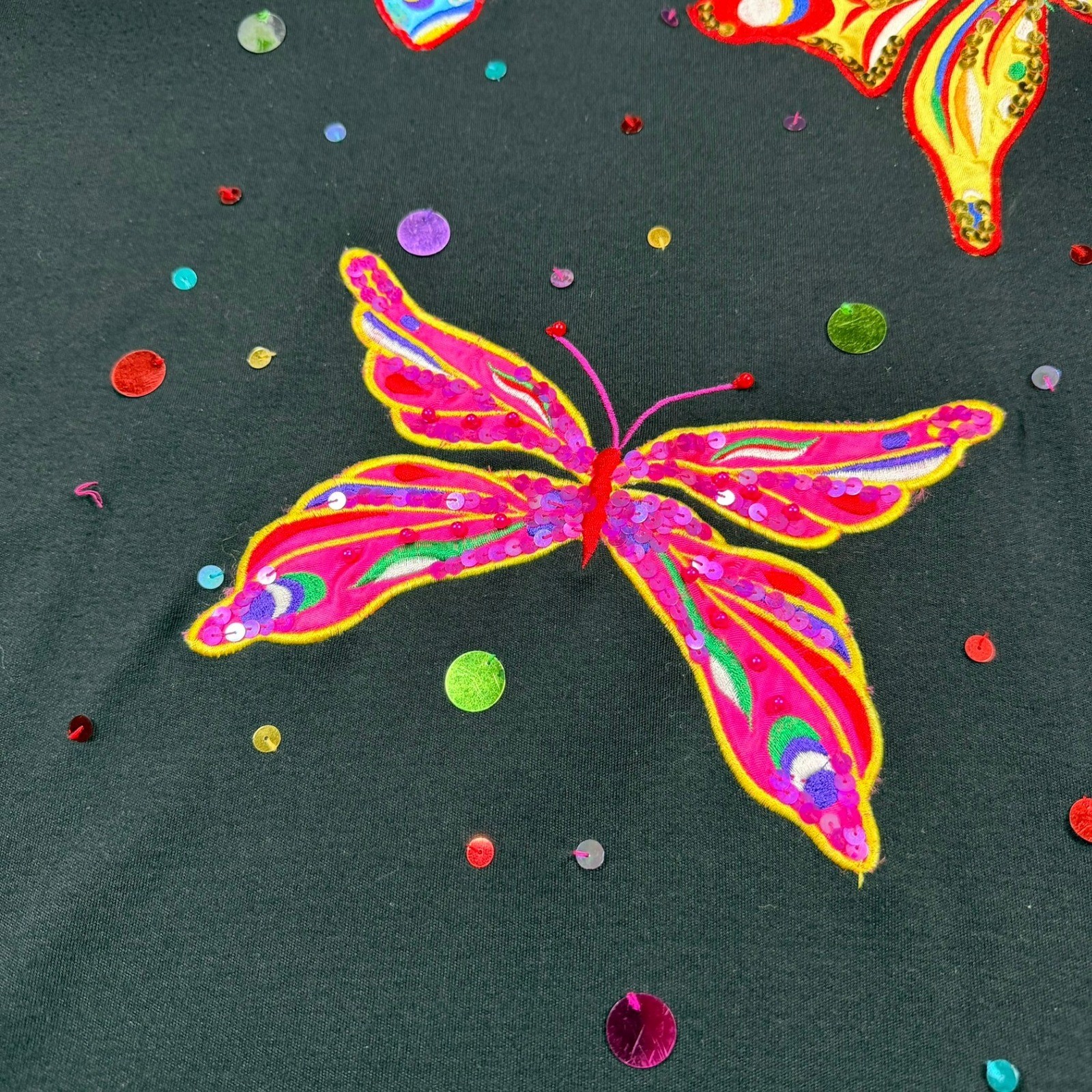 Victoria Harbour Vintage Butterfly Sequin Beaded V-Neck T-Shirt Black Womens M
