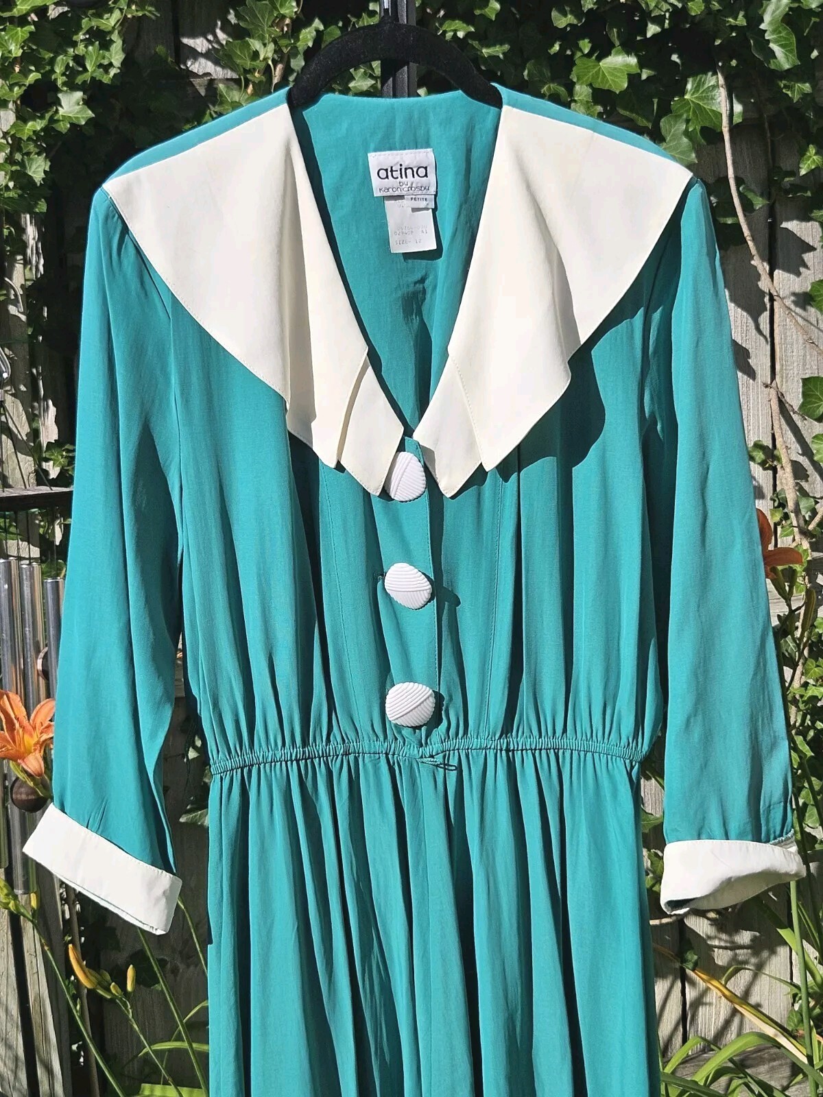 Vintage 1980s Kelly Green White Clown Notch Collar New Wave Button Midi Dress M