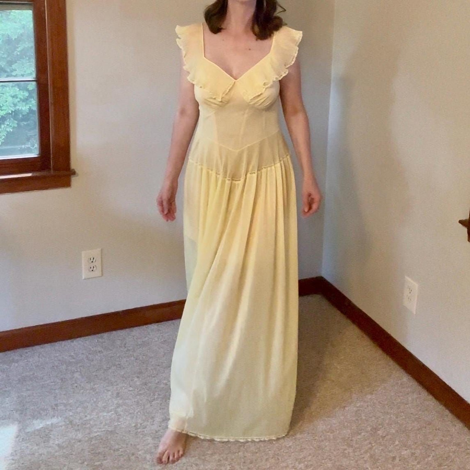 Vintage 70s Vanity Fair Romantic Ethereal Sheer Yellow Slip Dress Size Small