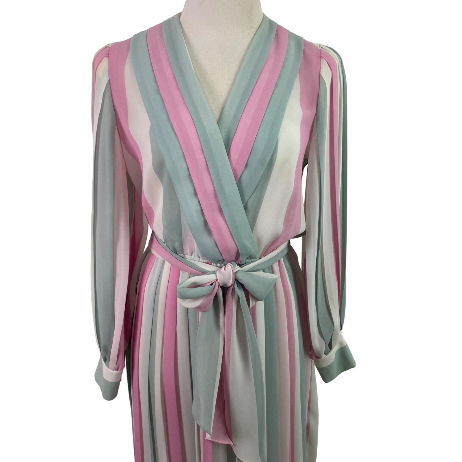 VTG 70’s Pink Blue White Pastels Striped Sheer Pleated draped Romantic Dress Sm