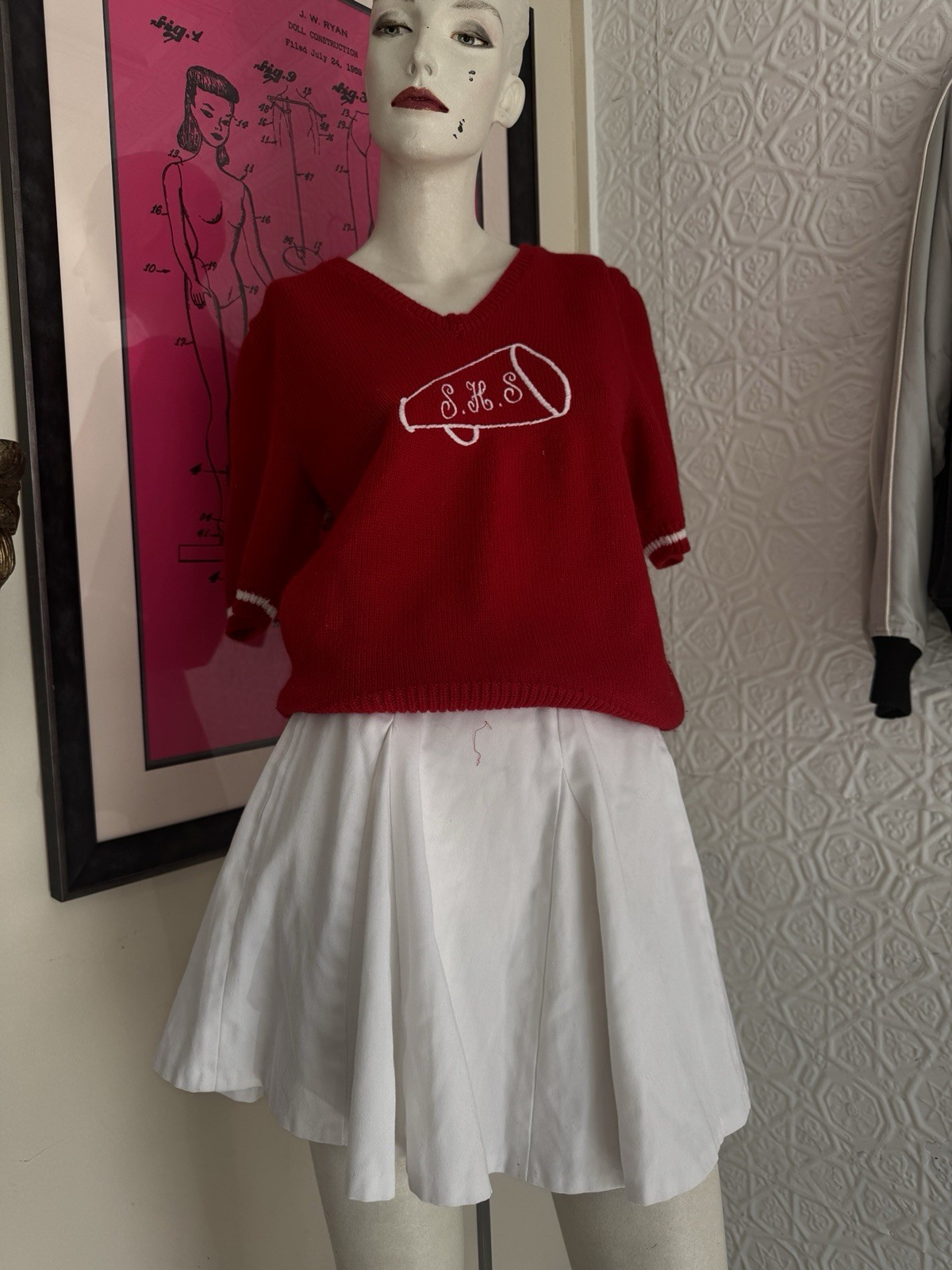 Vintage Cheerleading Sweater-1980s-Varsity-Red-Cheer-Team-coquette-Small/Medium