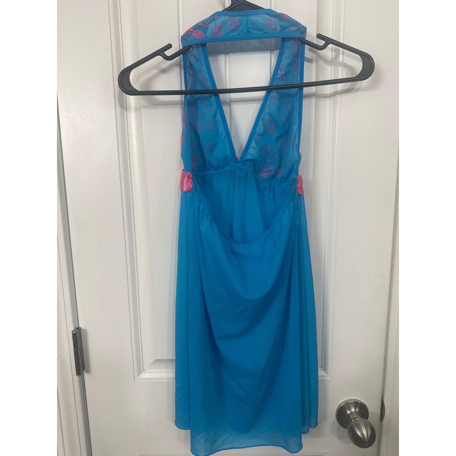 Espirial Lingerie Bright Blue Pink Floral Mesh Halter Babydoll Chemise Nightie