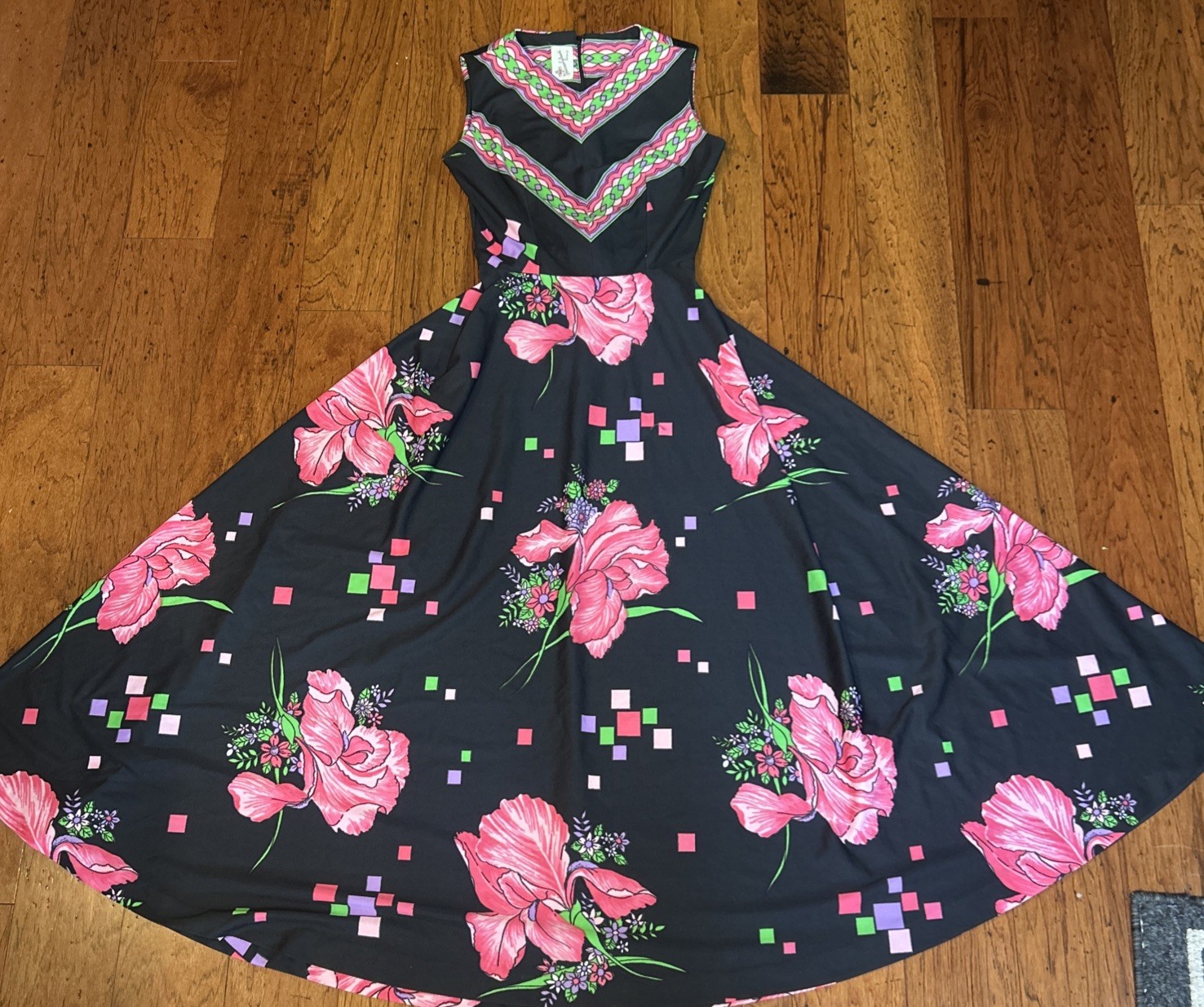Vintage Donovan Galvani Mod retro Sleeveless Long Dress Black Hot Pink Medium