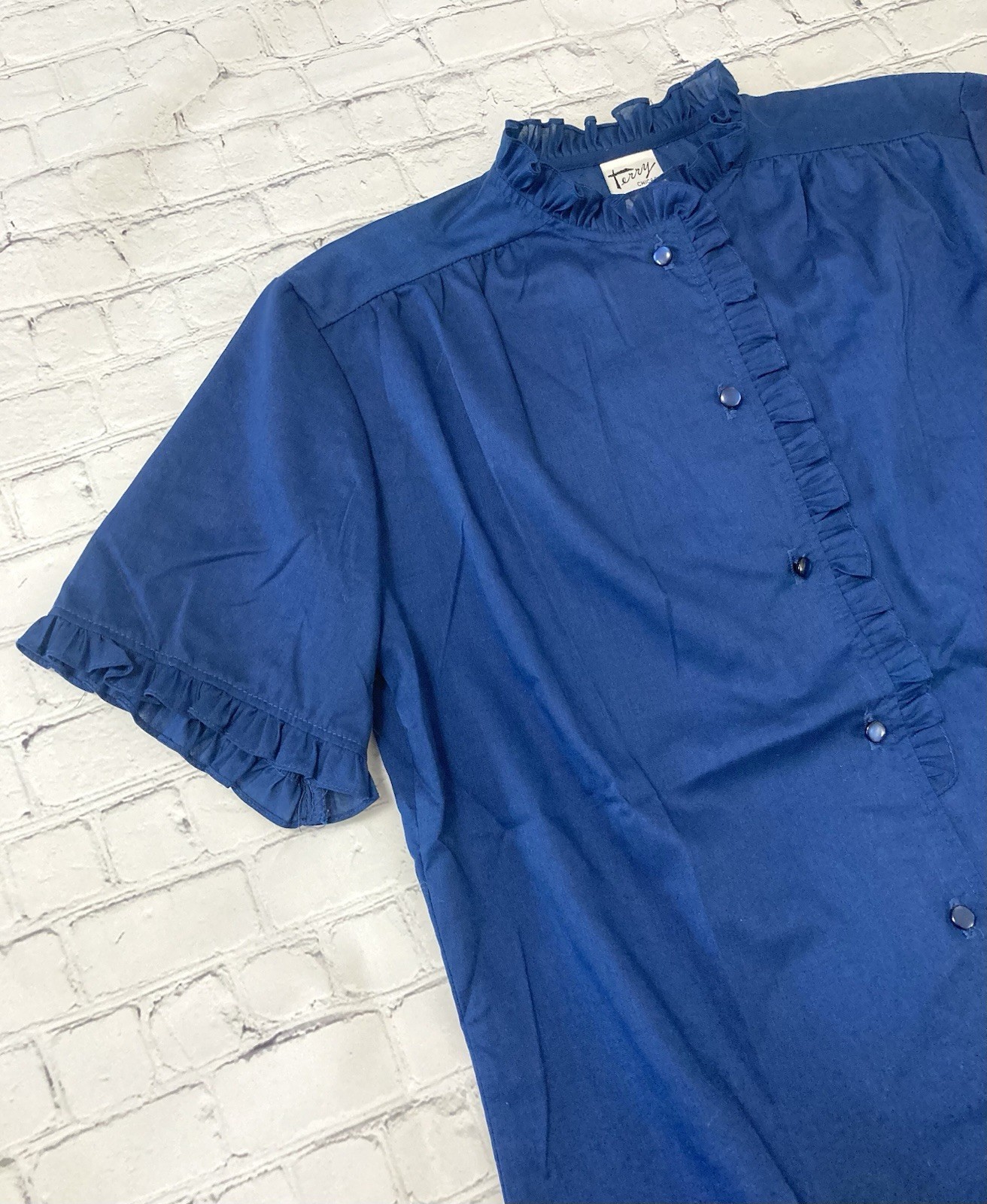 Vtg Terry Chicago Women’s Blue Collar Blouse Ruffle Large Cottagecore Cotton Bld