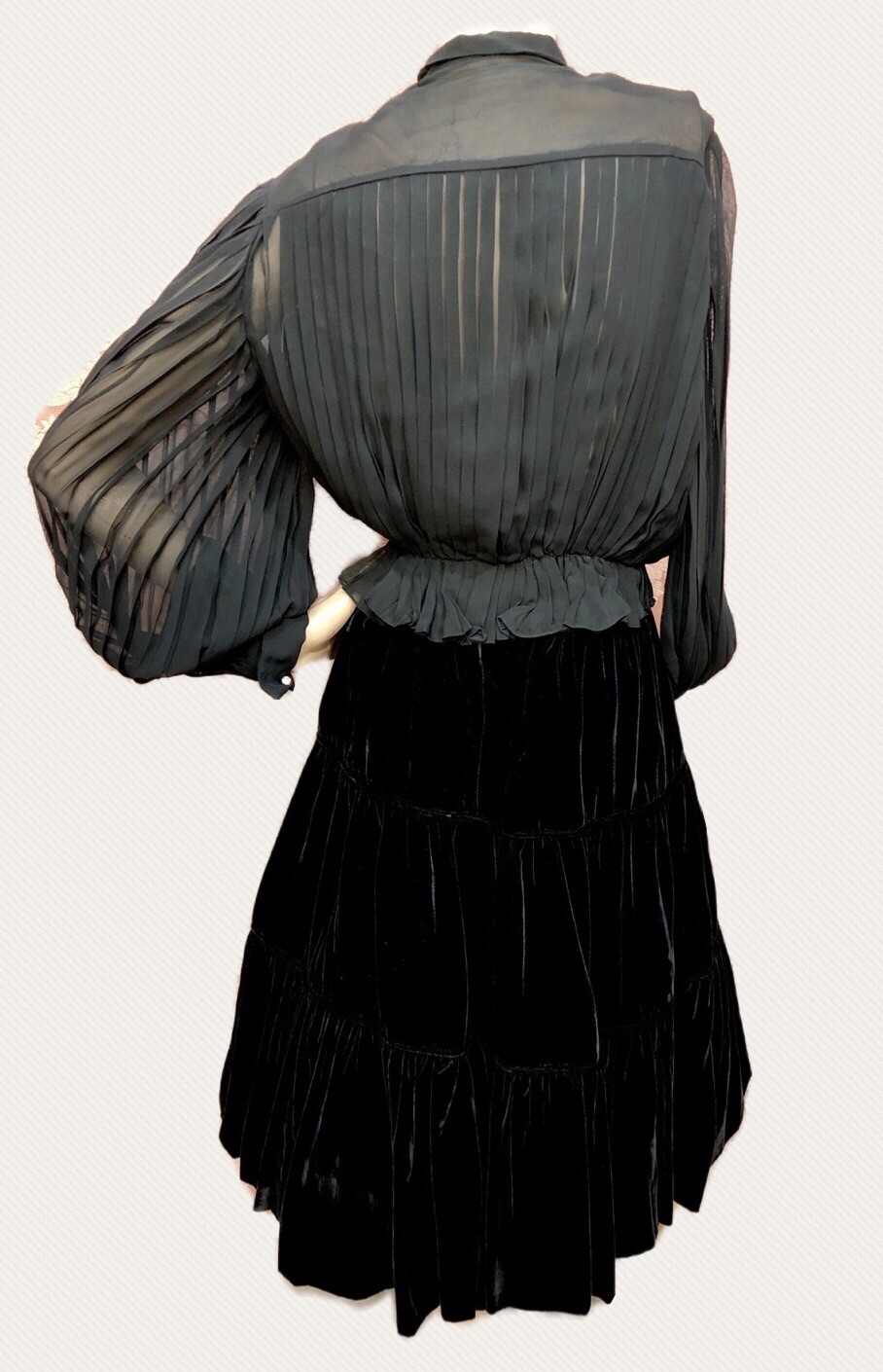 VTG 1940s „NEW LOOK” Chiffon BALLOON SLEEVE Cocktail Blouse & RAYON VELVET SKIRT