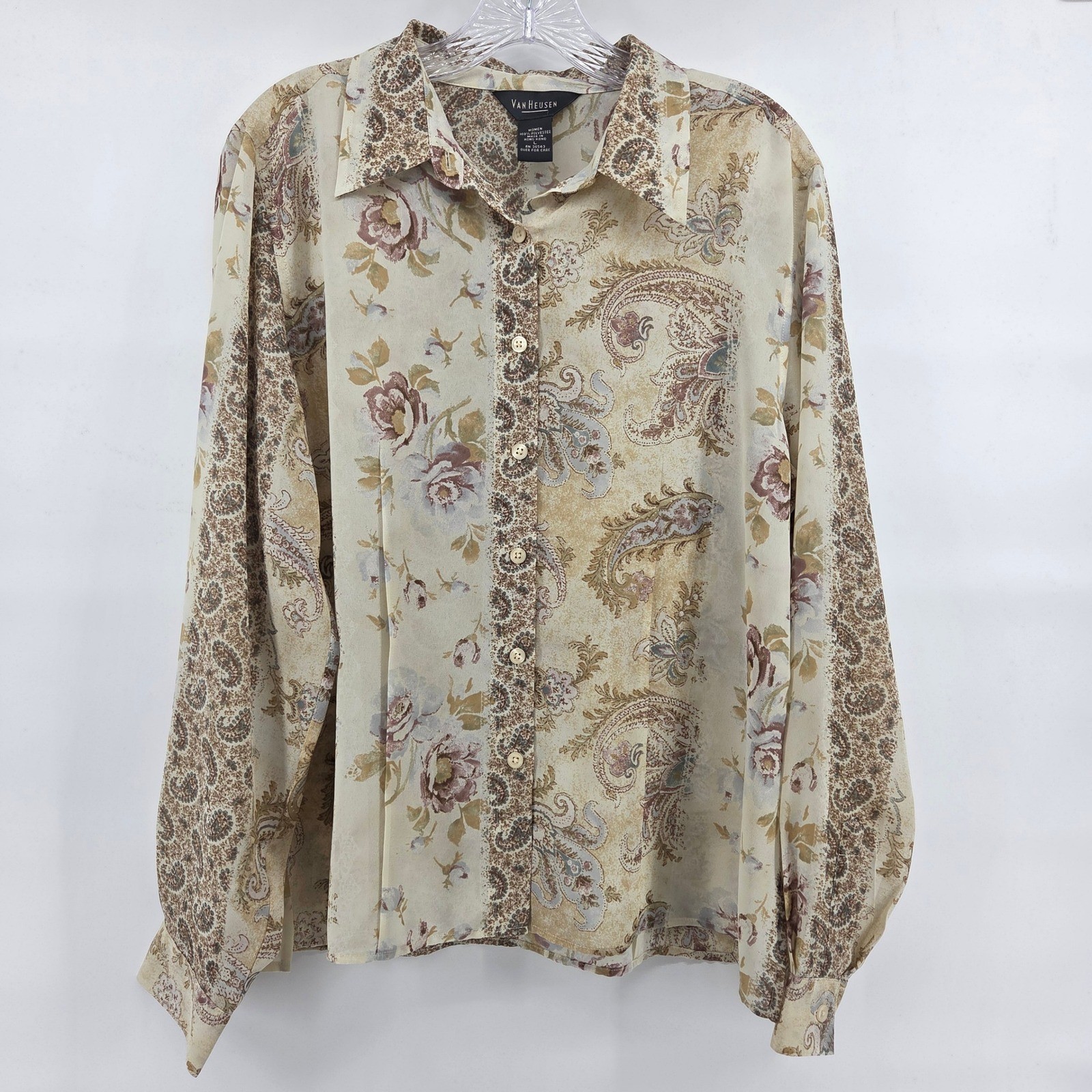 Van Heusen Blouse Large Tan Floral Paisley Vintage Boho Cottagecore Academic