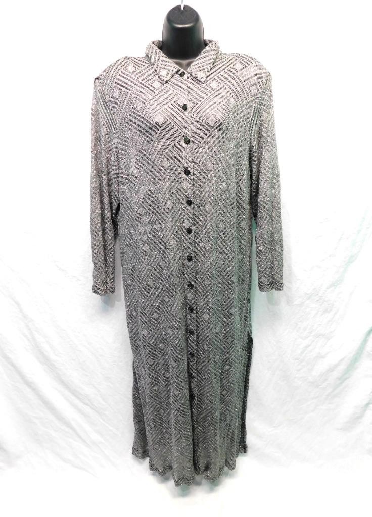 Vintage SL Fashions 18W XL Silver Sparkle Knit Maxi Dress Button Front Unlined