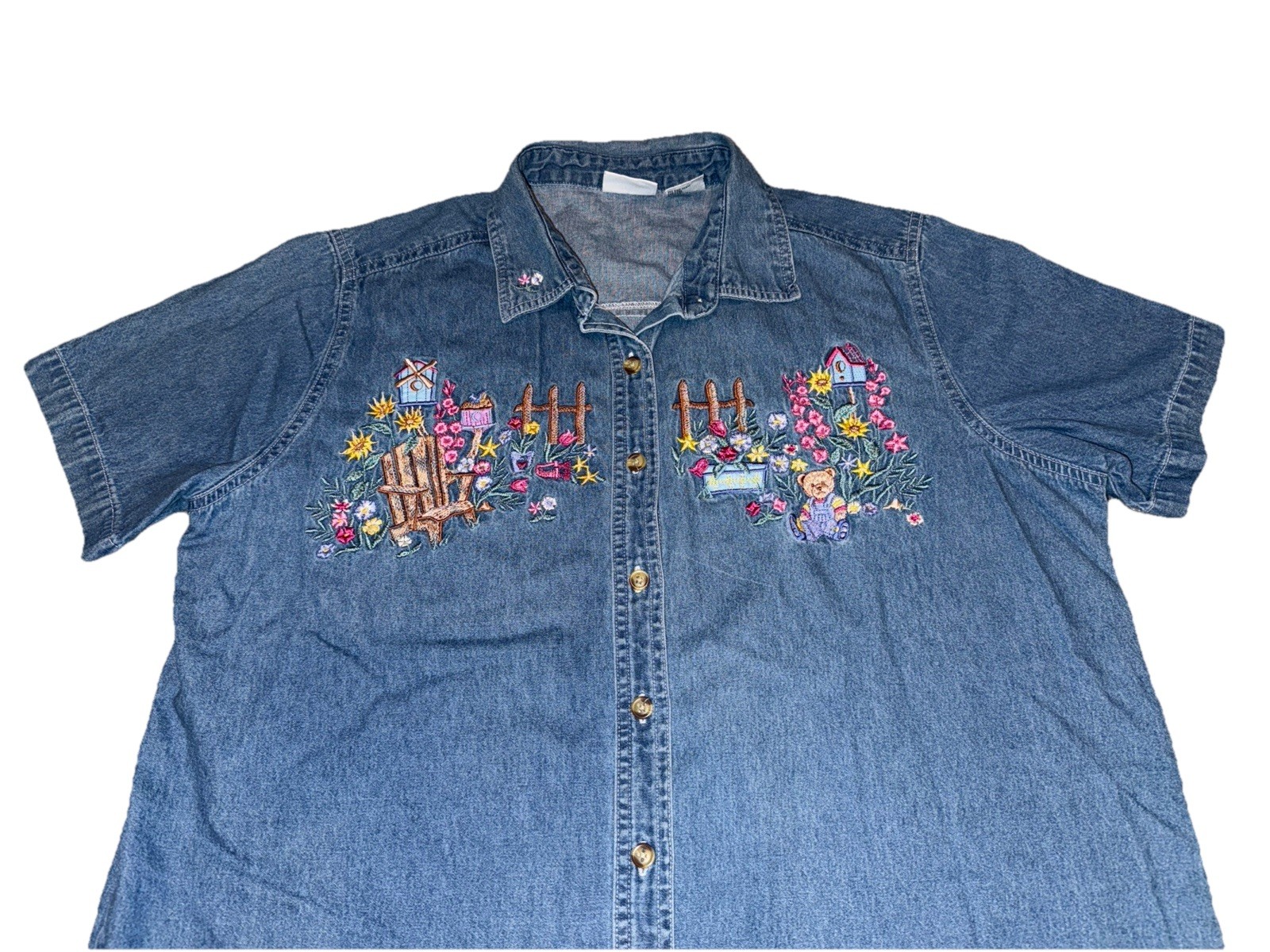 Womens 14/16W Denim Shirt Embroidered Floral Bear Garden Cottagecore Grandmacore