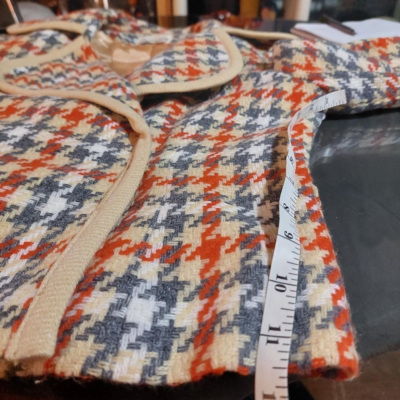 Vintage Country Set deadstock grey, tan, orange, and white houndstooth jacket.