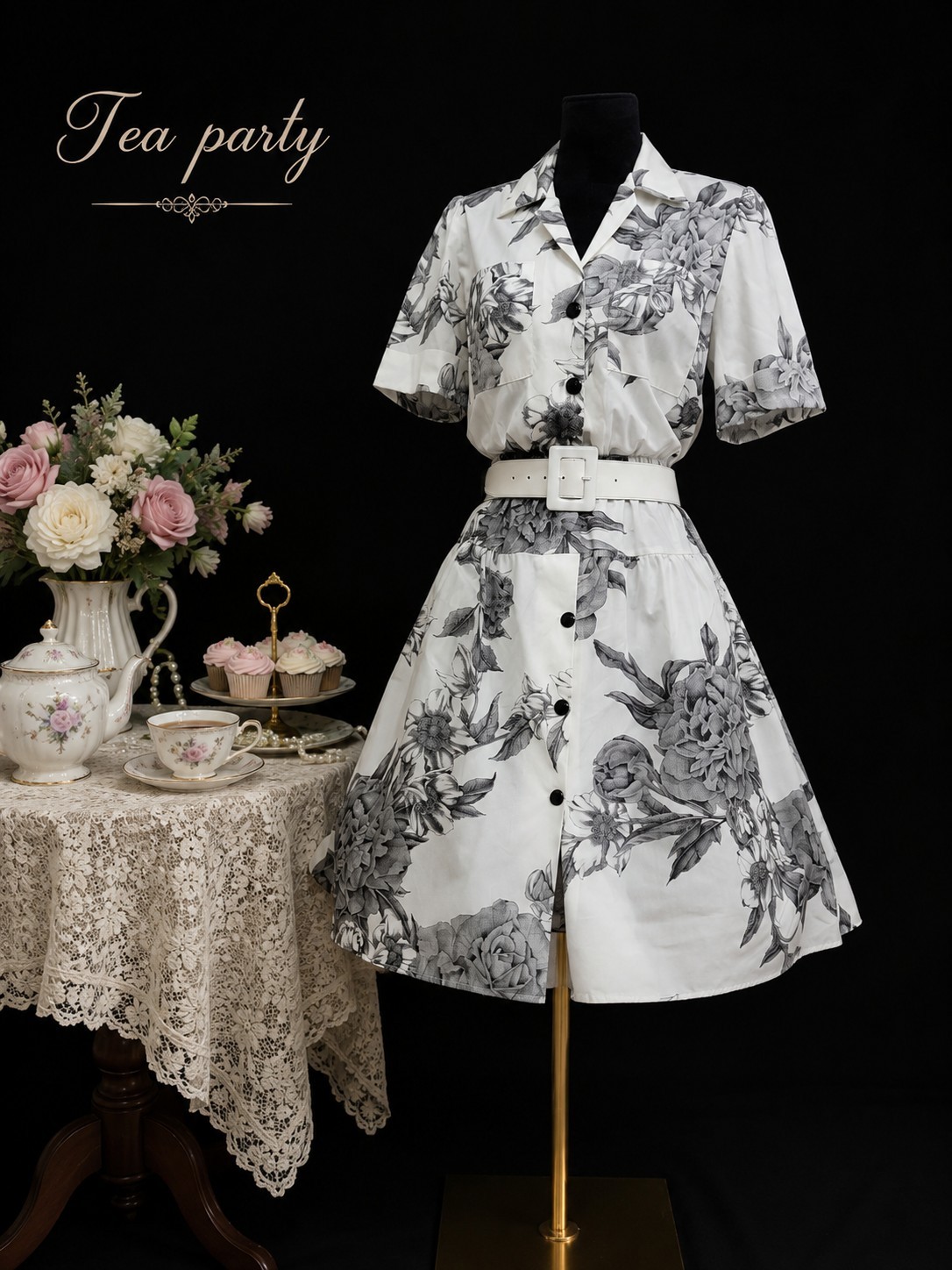 Vintage 80s Black White Floral Shirt Dress Belted Tea Party Cottagecore