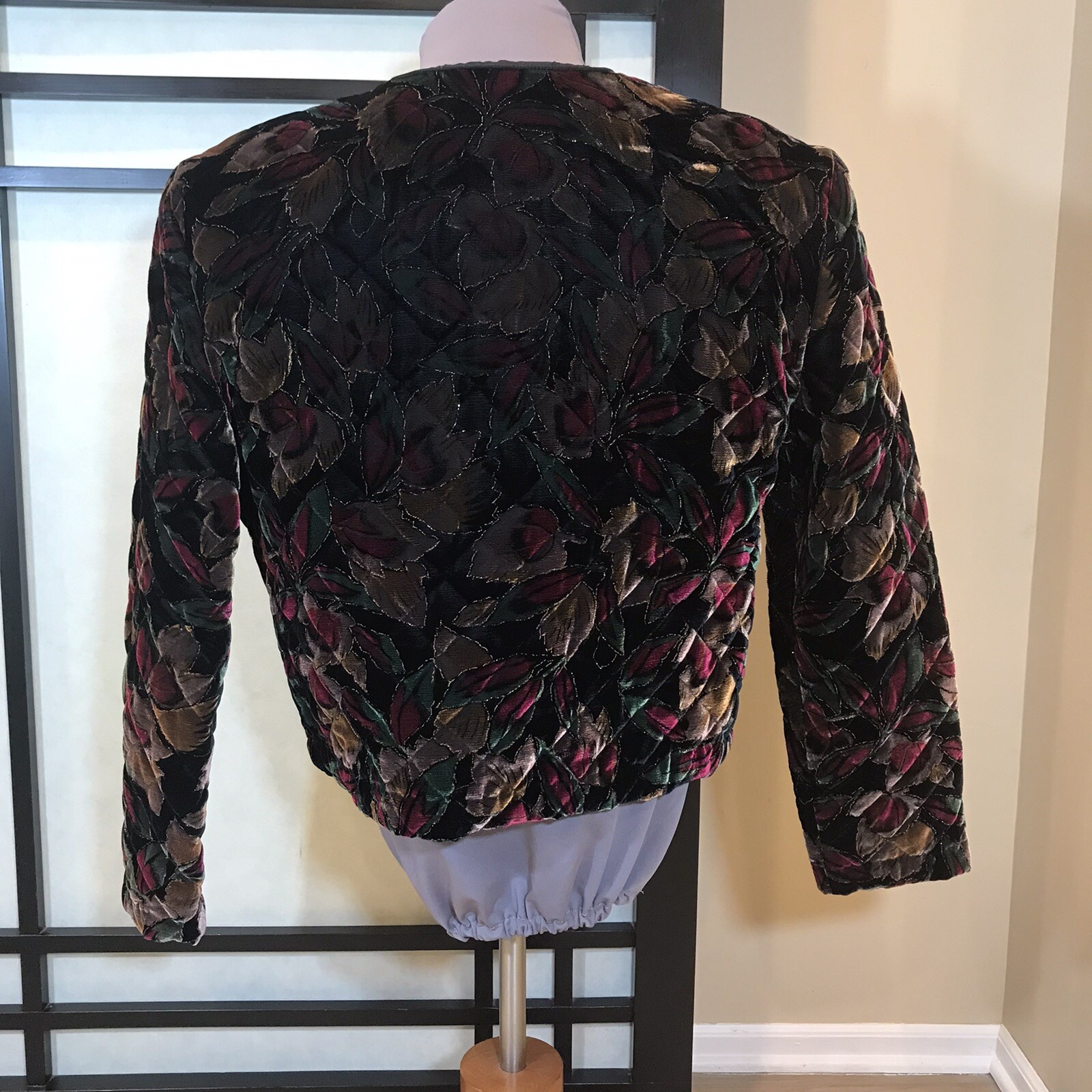 1990s Greg Adams Quilted Jacket Blazer Dark Floral Gold Velvet USA Made Size L