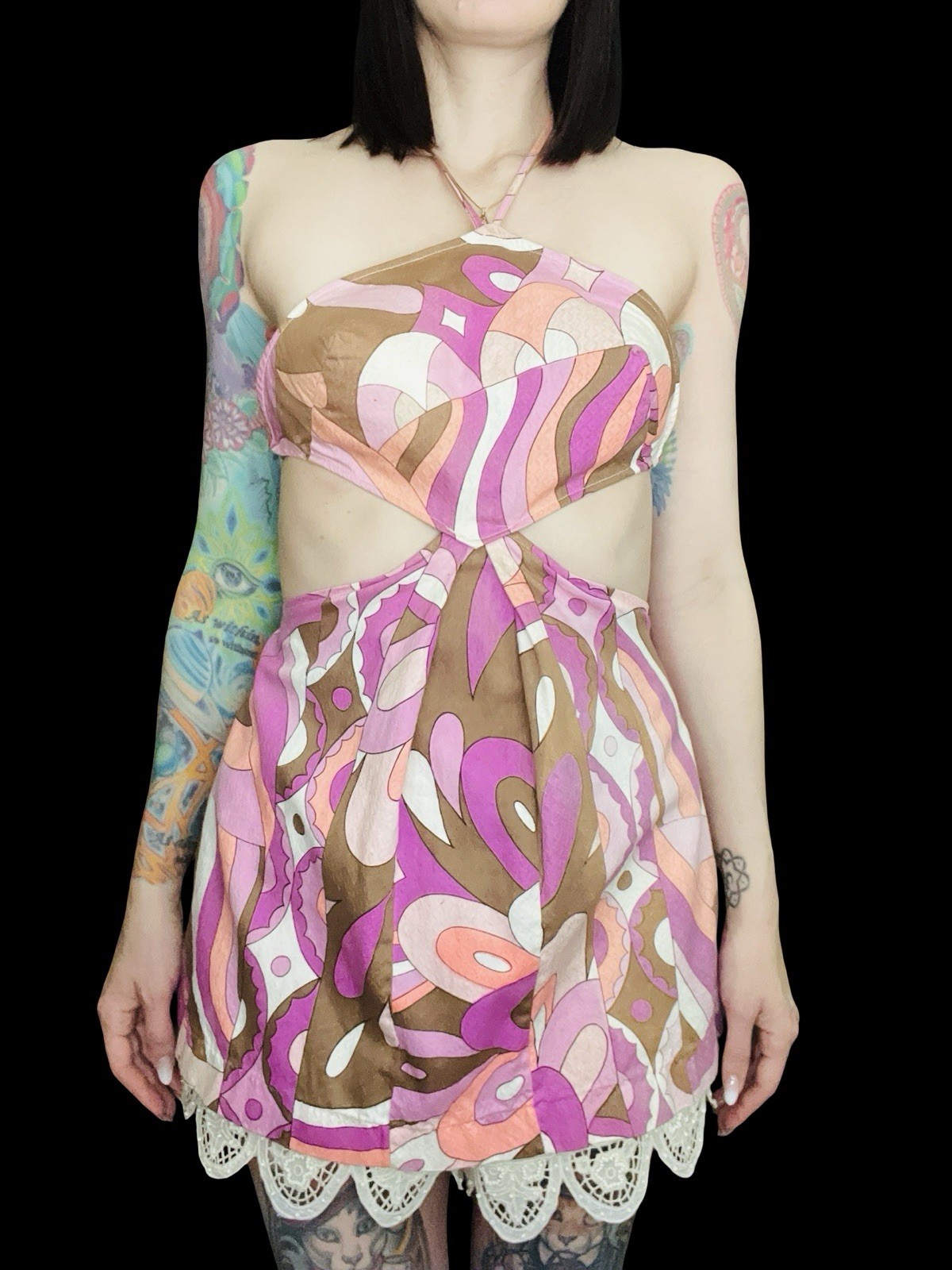 Vintage 1960s Psychedelic Cotton Candy Pink Geometric Cut Out Mini Dress Small