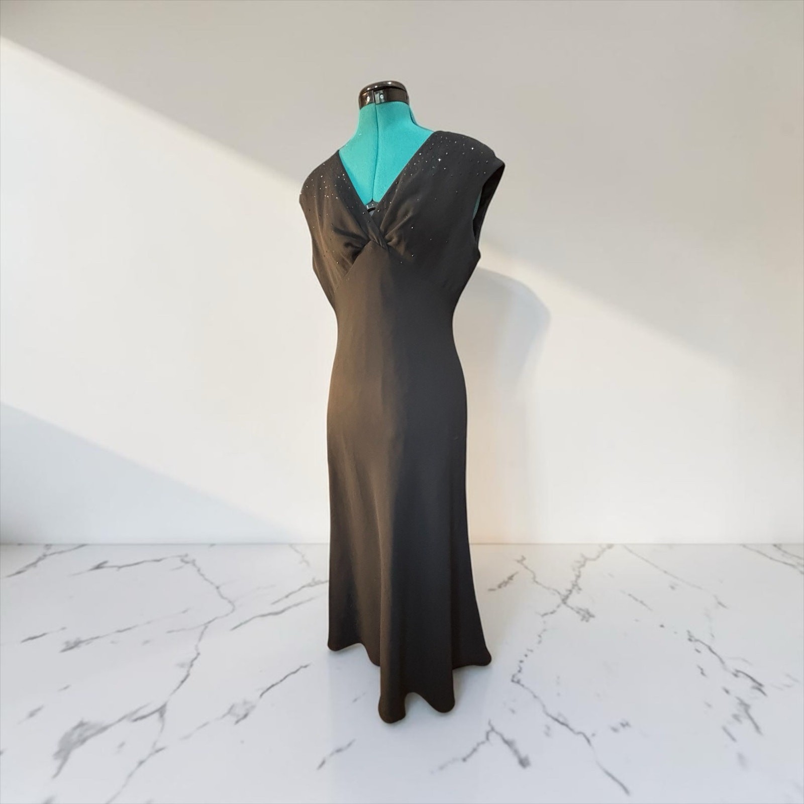 90s Black Rhinestone Column Maxi Dress Minimalist Glam Goth Size 6