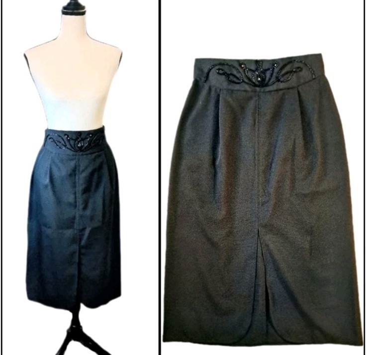 Vintage 80s Glam East End Avenue Black Sequin Rhinestone Midi Pencil Skirt 7/8
