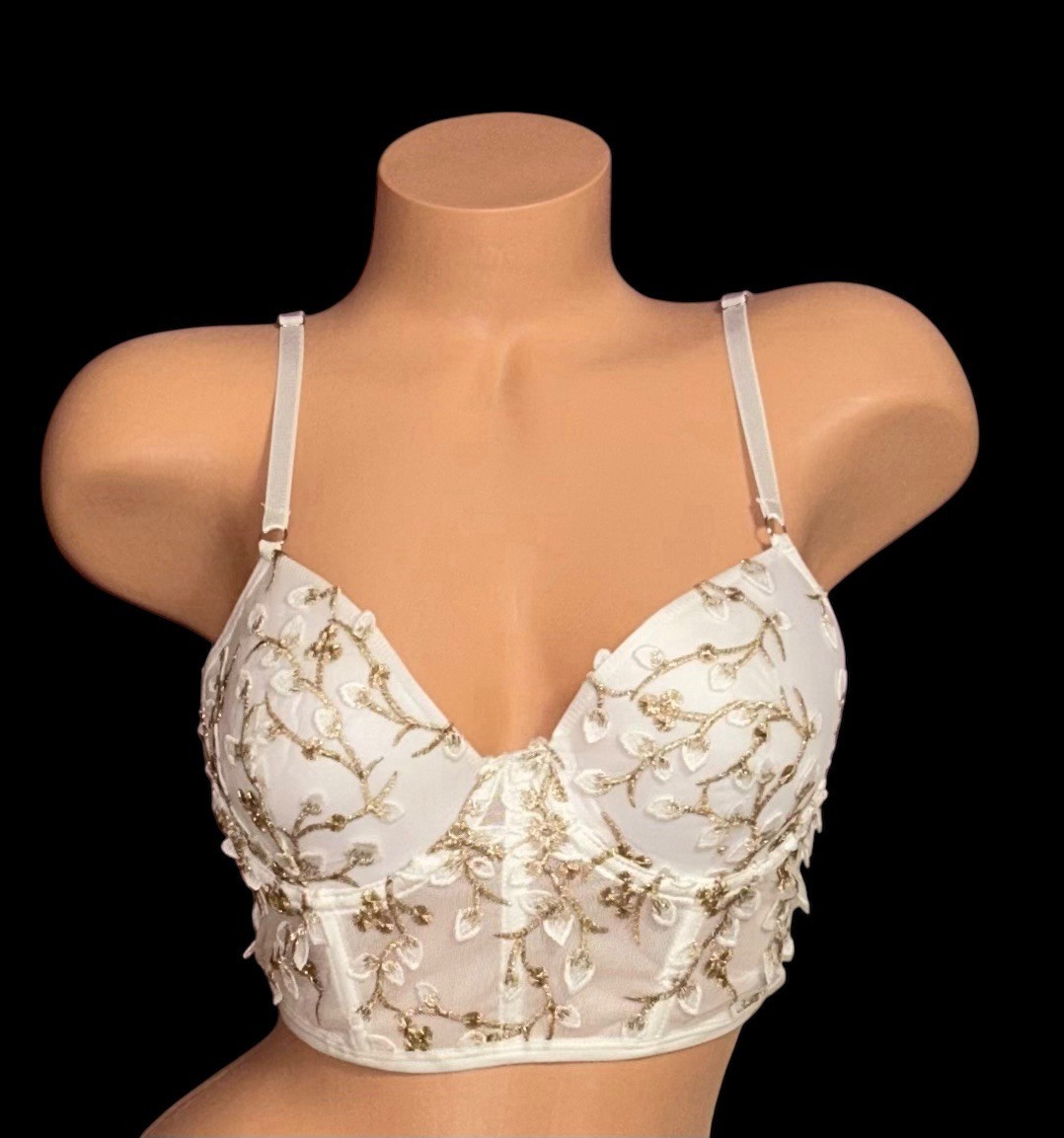 White Gold Metallic Embroidery Sheer Floral Corset Bustier Bra Womens L New