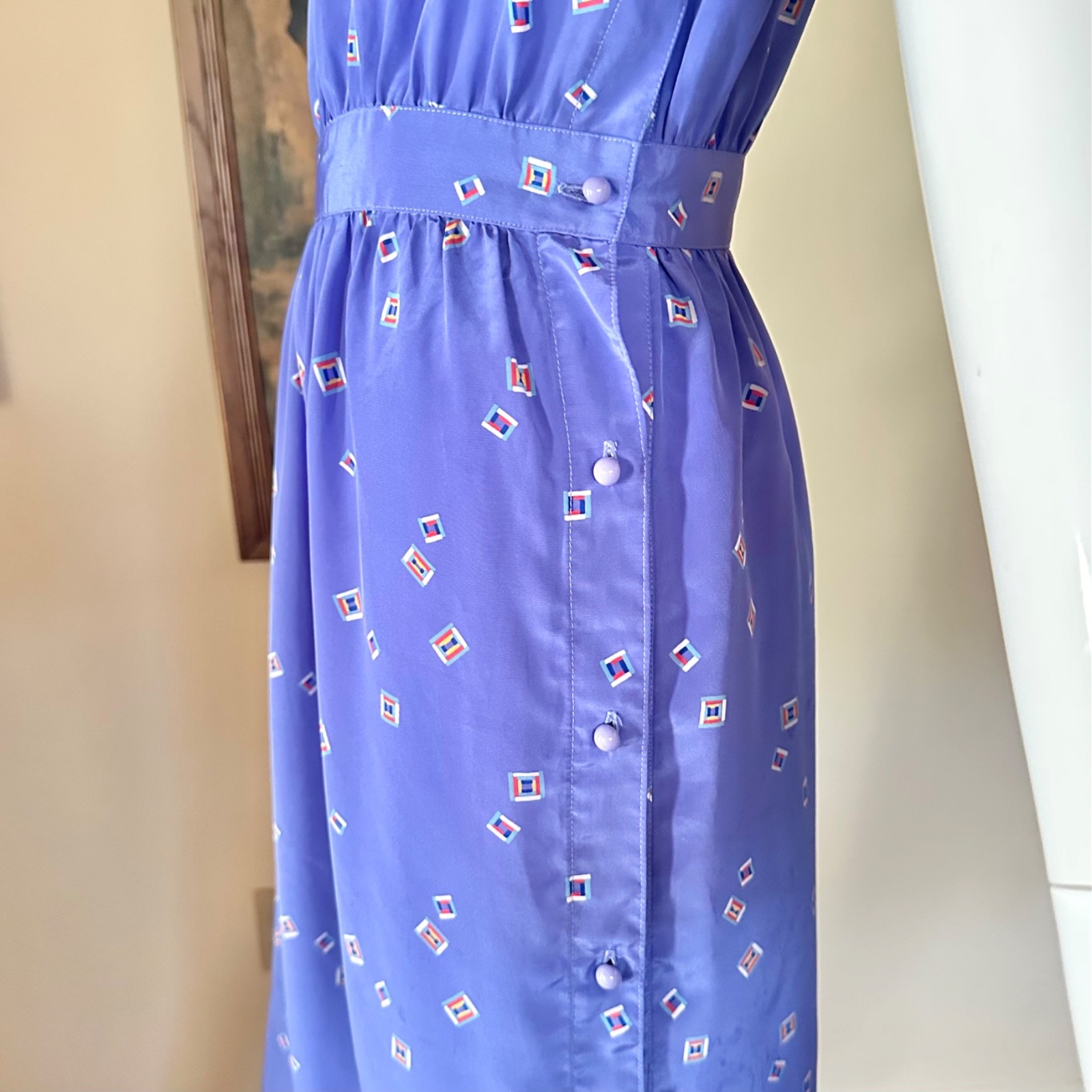 Vintage 1980s New Wave Squares Purple Secretary Day Dress Cute Button Side! S