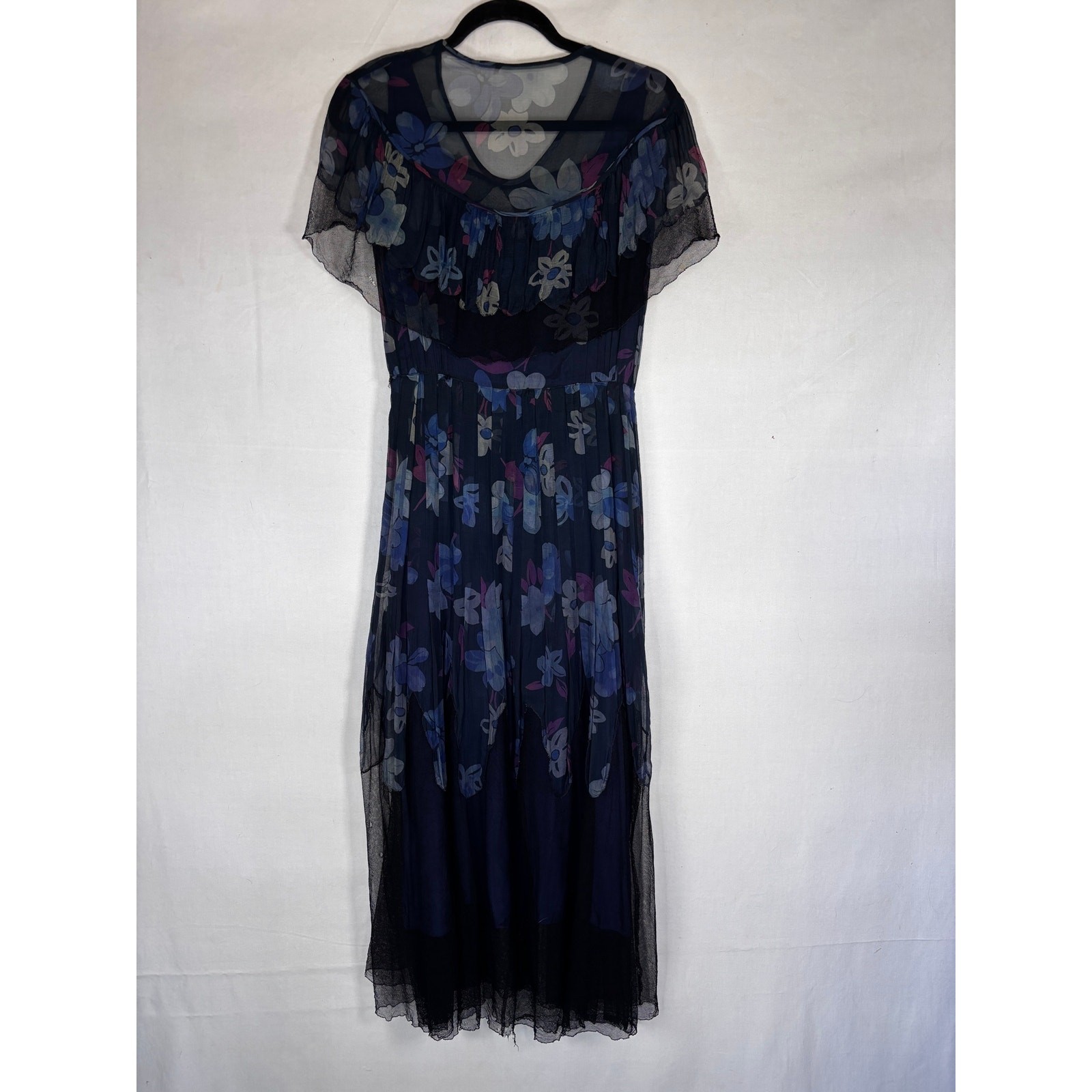 Antique 1920s Navy Floral Silk Dress Flapper Era Flutter Sleeve Drop Waist
