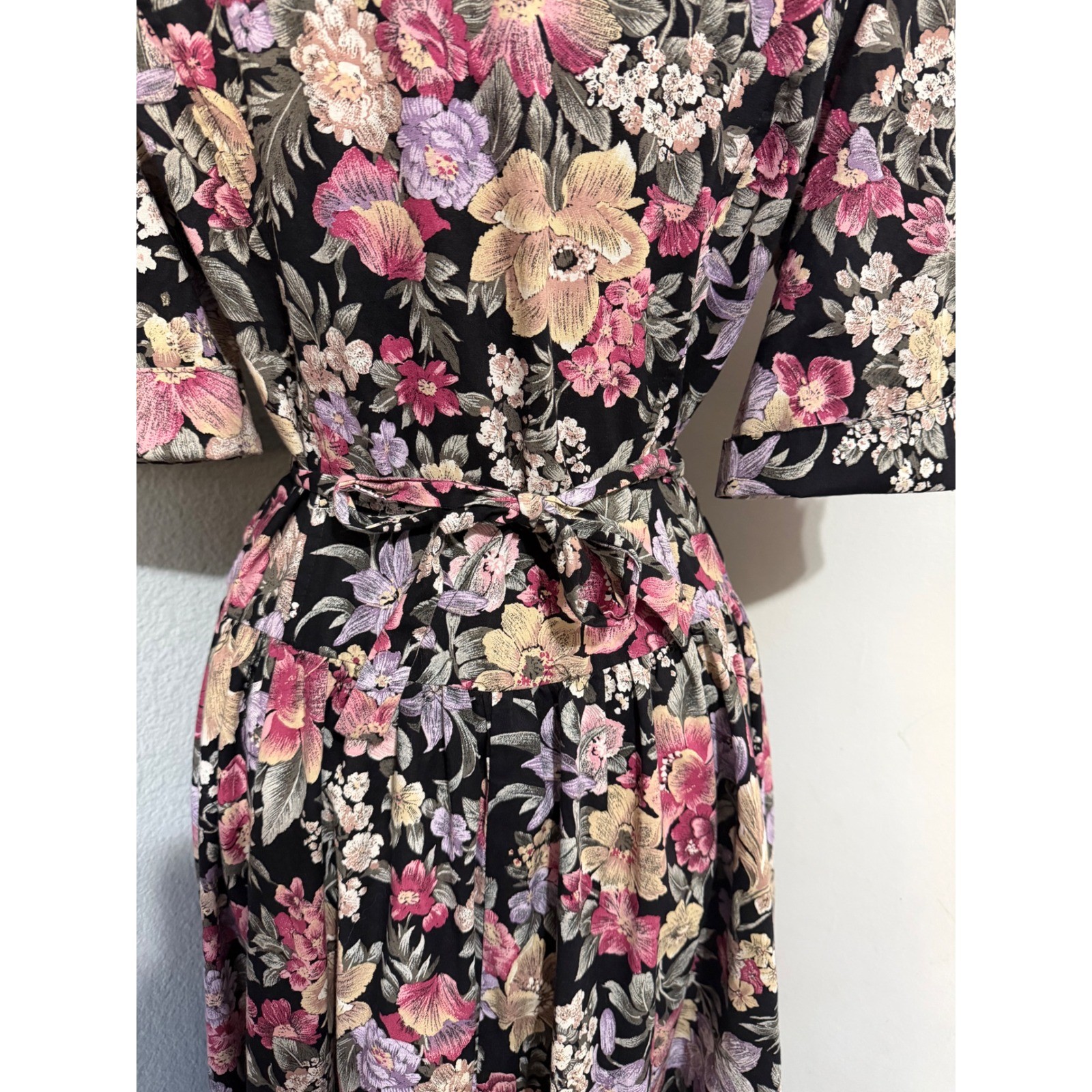 Miss Dorby Vintage 90s Floral Midi Dress L Black Purple Button Front USA Made