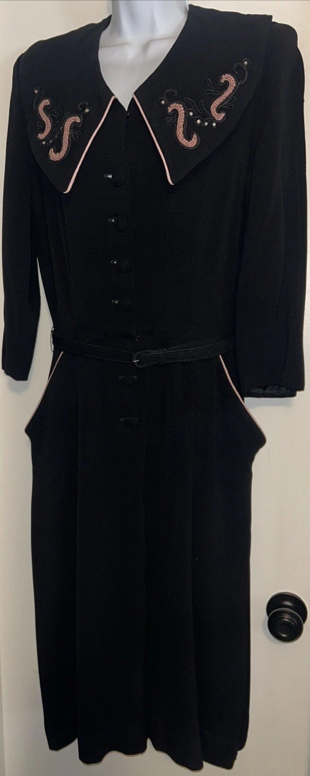 Vintage 50s 60s Belted Dress Black w/ Pink Piping Rhinestones Retro Rockabilly
