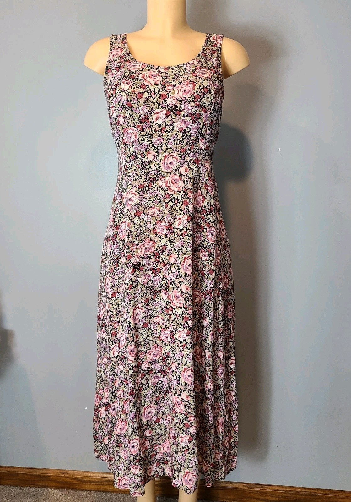 Vtg 90s Floral Dress Cottage Fairy Grunge Sz 8 Lace Up Tie Back Midi Basque Wais